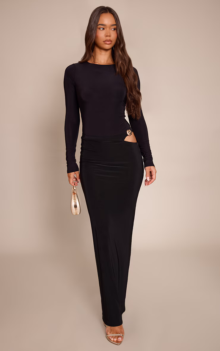 Black Slinky Cut Out Trim Detail Maxi Skirt