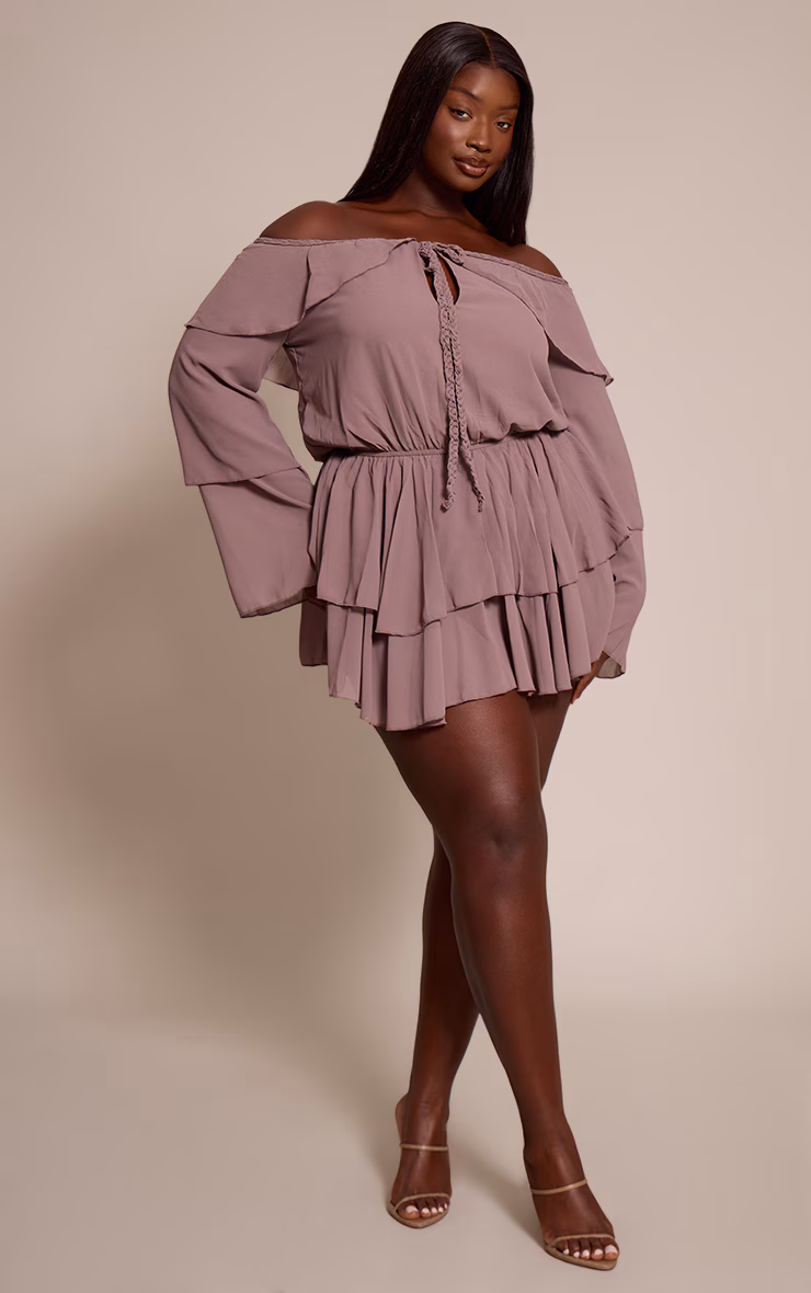 Plus Mushroom Chiffon Ruffle Detail Long Sleeve Romper