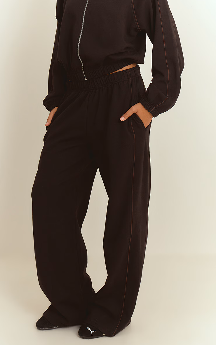 Black Interlock Contrast Piping Wide Leg Sweatpants