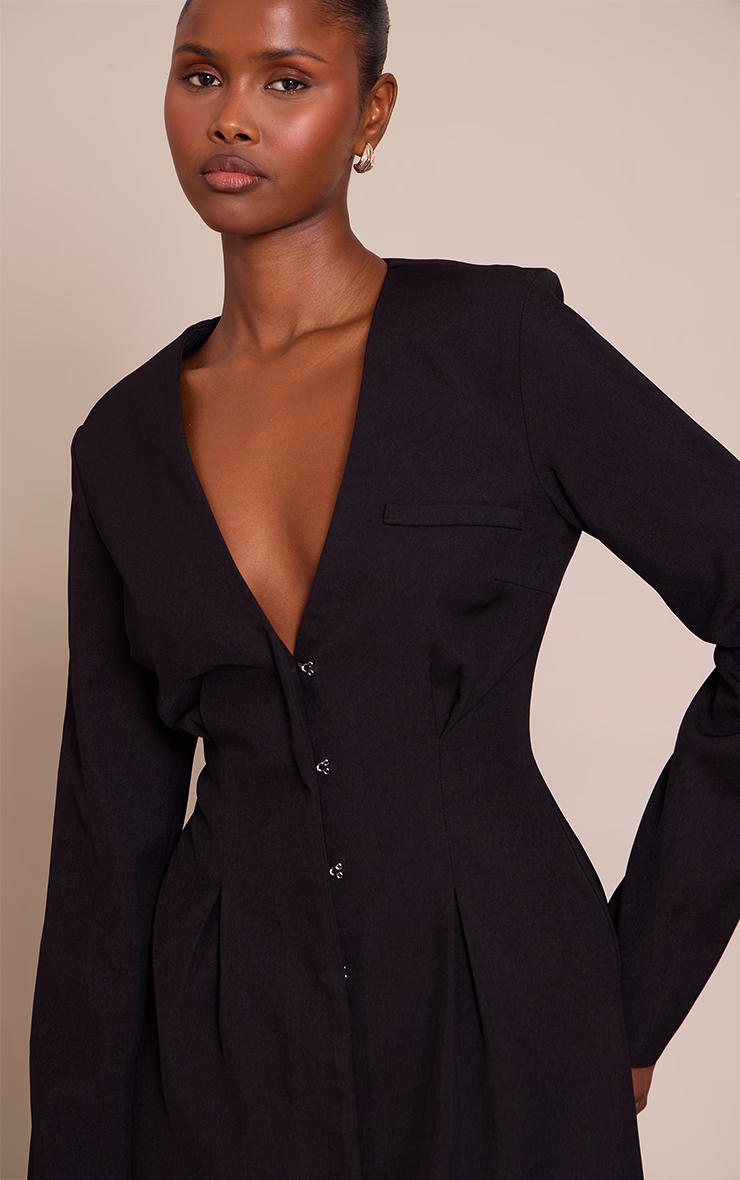 Black Cinched Waist Pleated Blazer Dress
