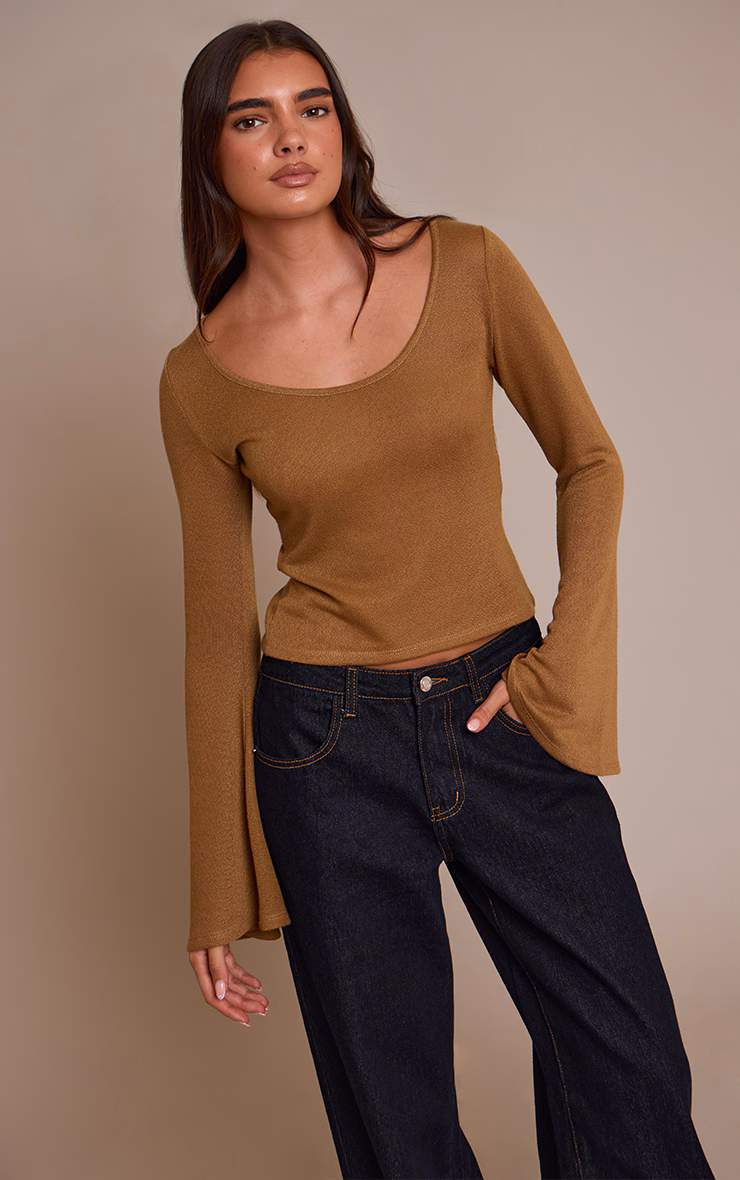 Tan Textured Jersey Scoop Neck Flared Long Sleeve Top