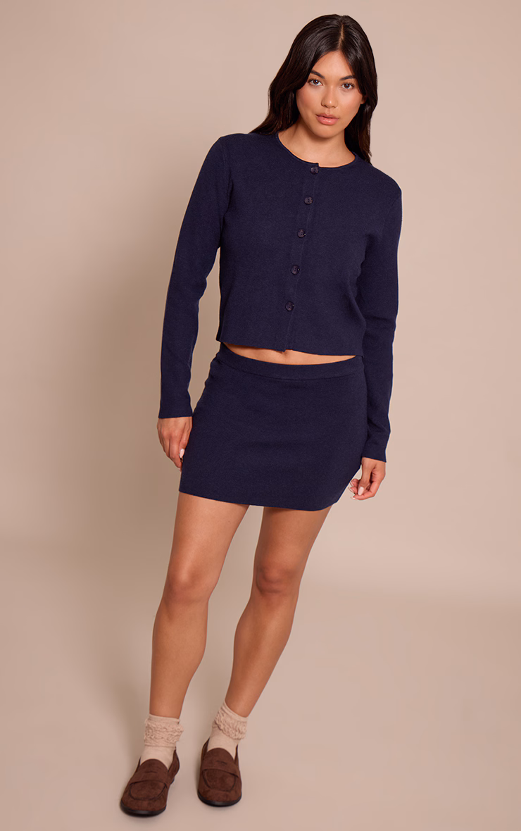 Navy Compact Knit Collarless Cardigan