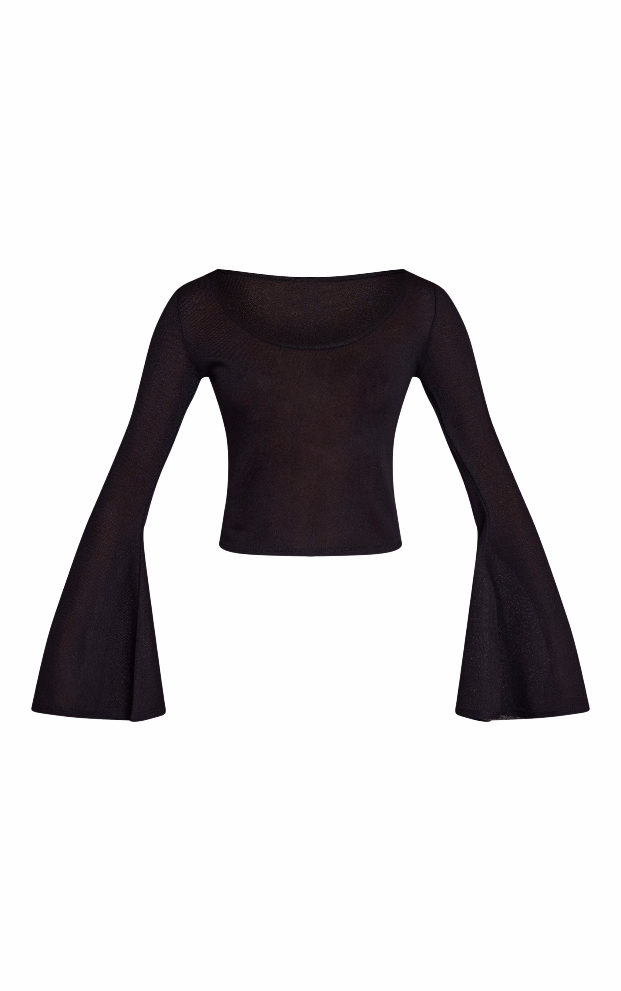 Black Textured Jersey Scoop Neck Flared Long Sleeve Top