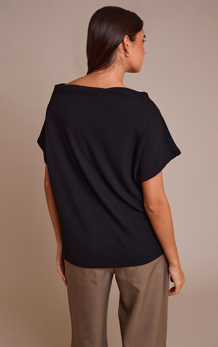 Black Thick Rib Asymmetric Slouchy Long Top