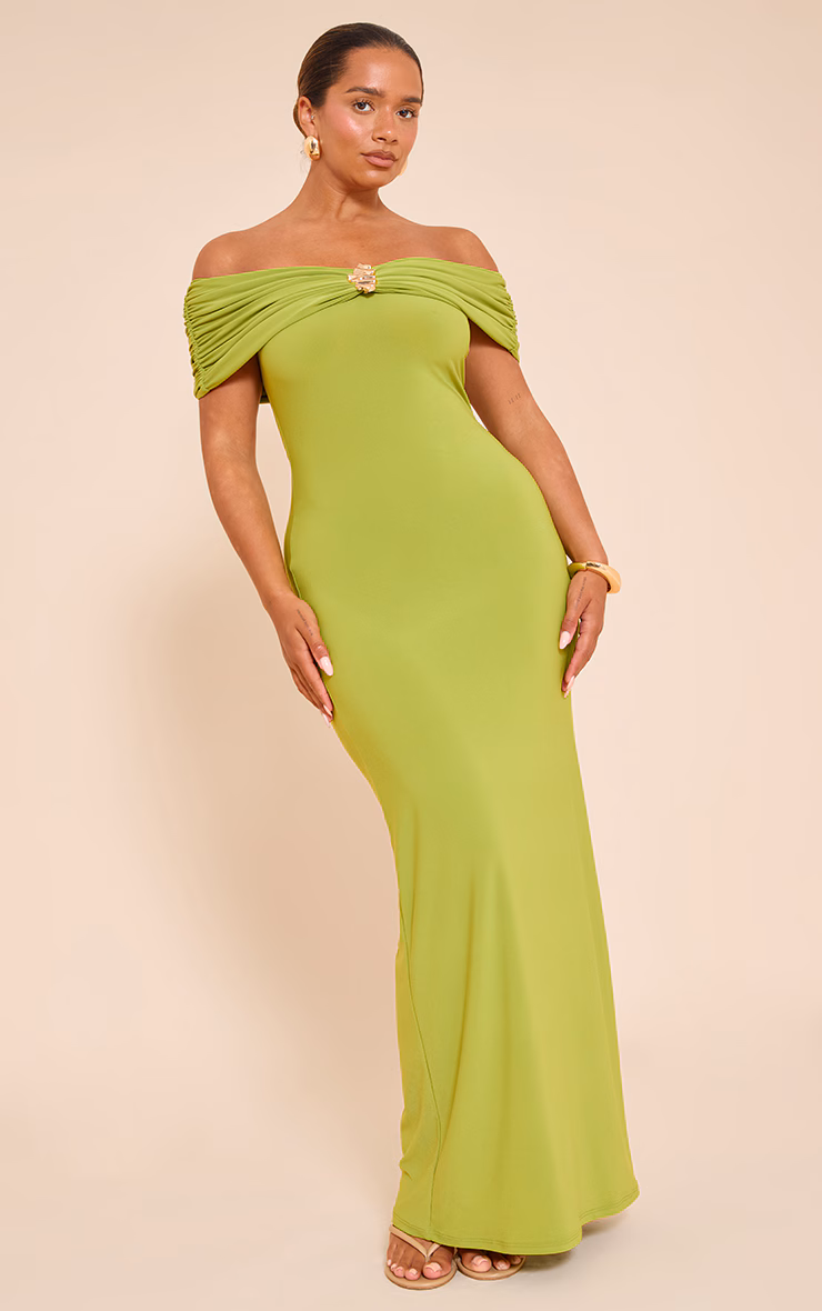 Shape Olive Fold Over Bardot Gold Trim Maxi Dress