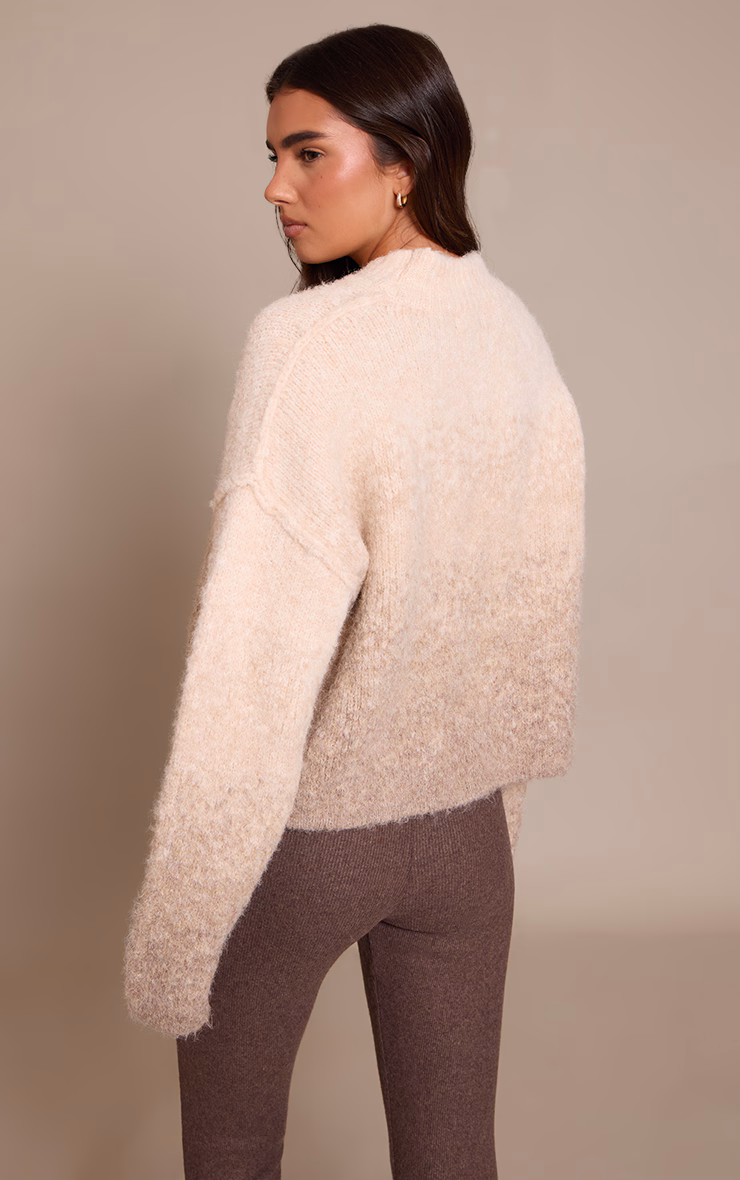 Beige Ombre Crew Neck Knitted Sweater