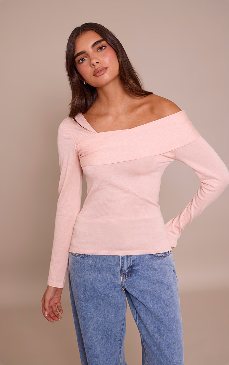 Pink Long Sleeve Asymmetric Shoulder Knitted Top