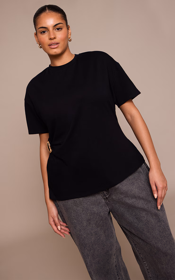 Plus Black Trim Detail Asymmetric Hem T Shirt