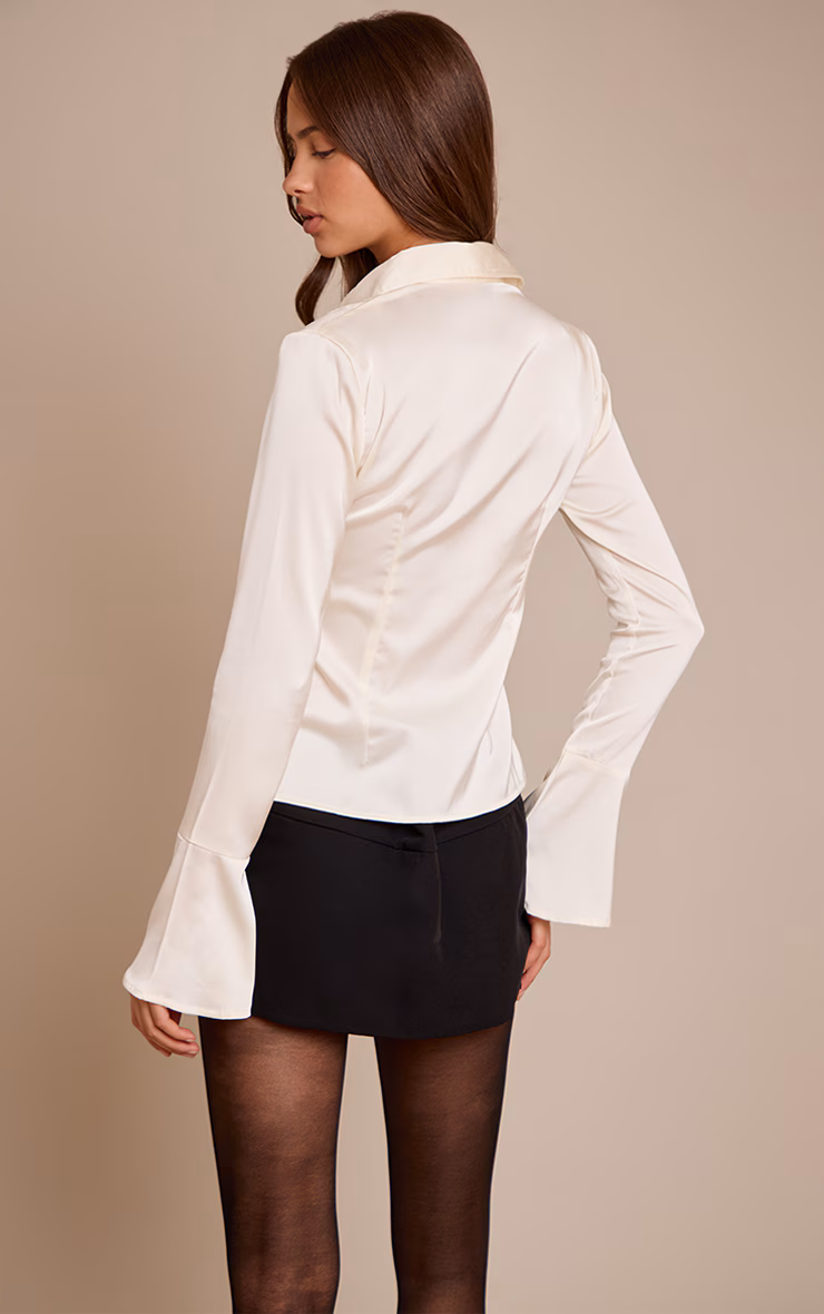 Cream Satin Flared Sleeve Fitted Shirt