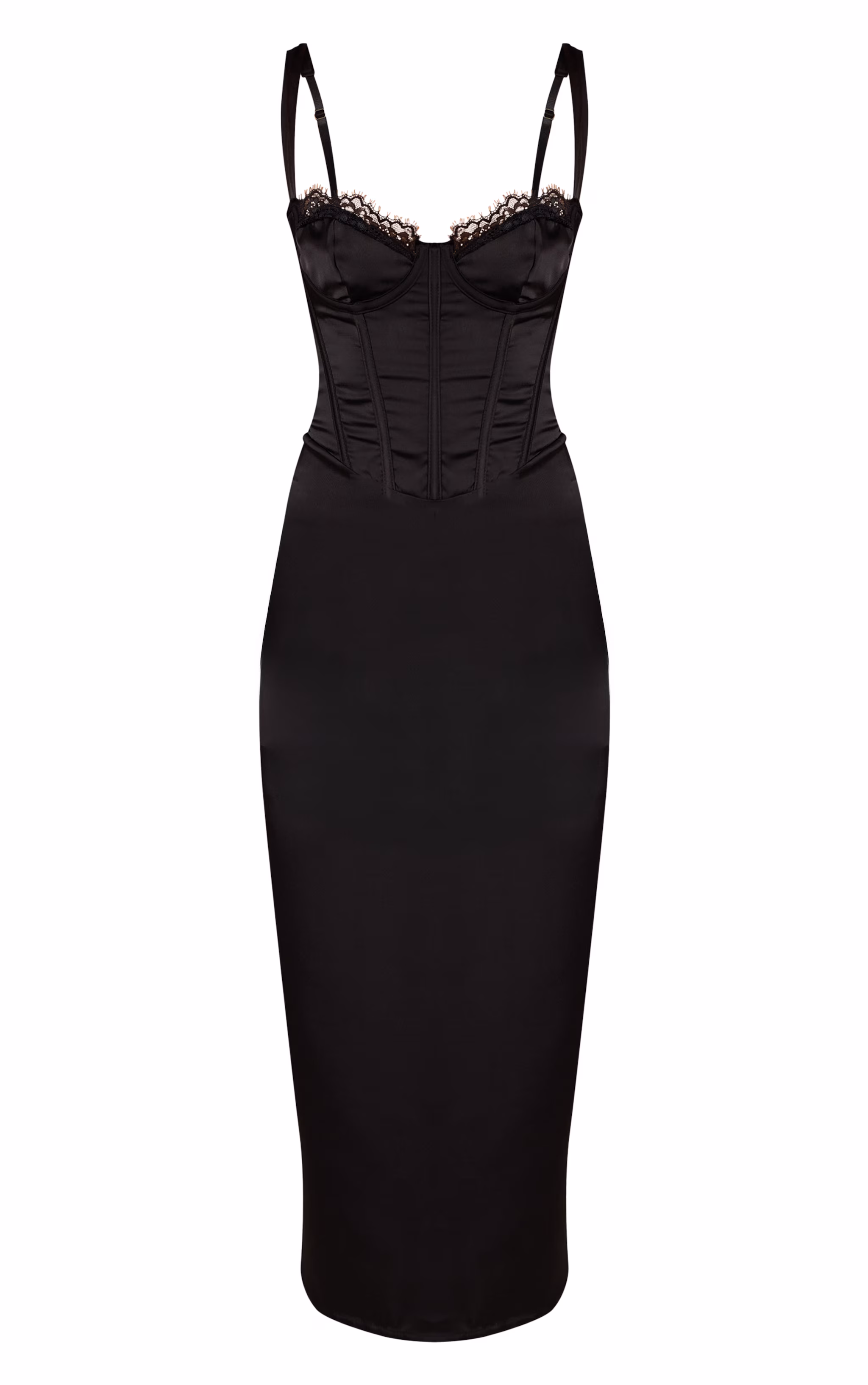 Black Satin Lace Cup Detail Midi Dress