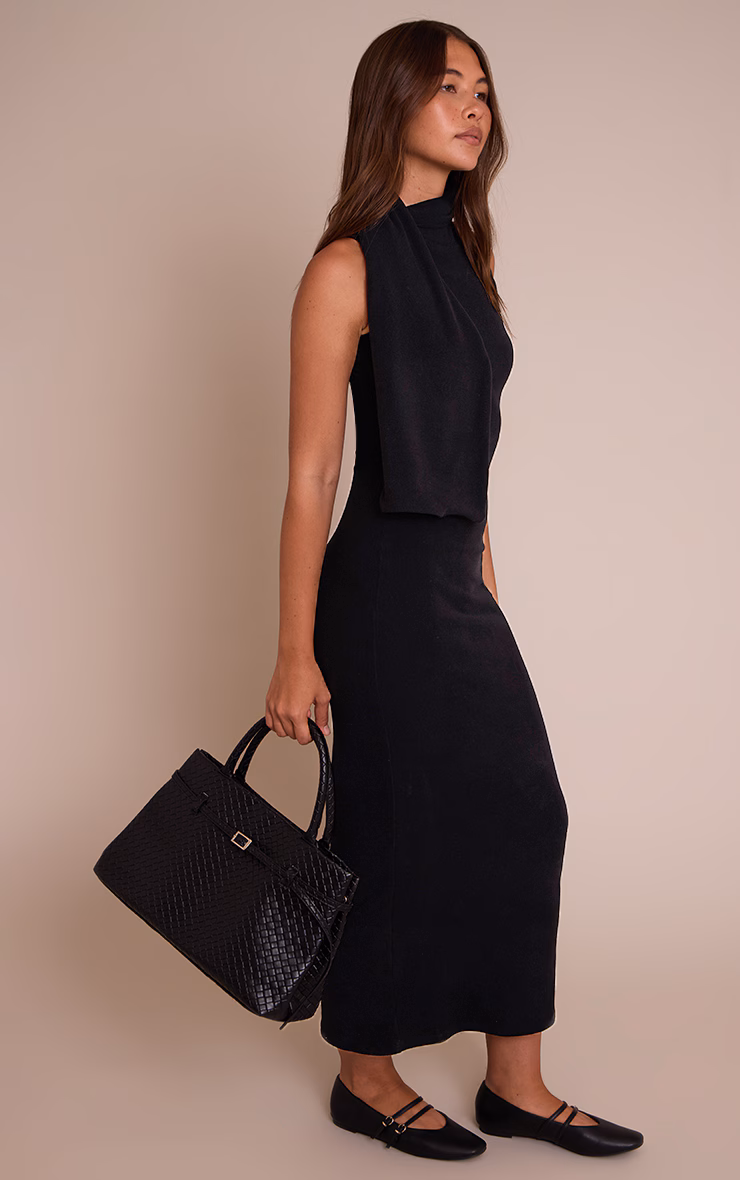 Black Wrap Neck Detail Maxi Dress