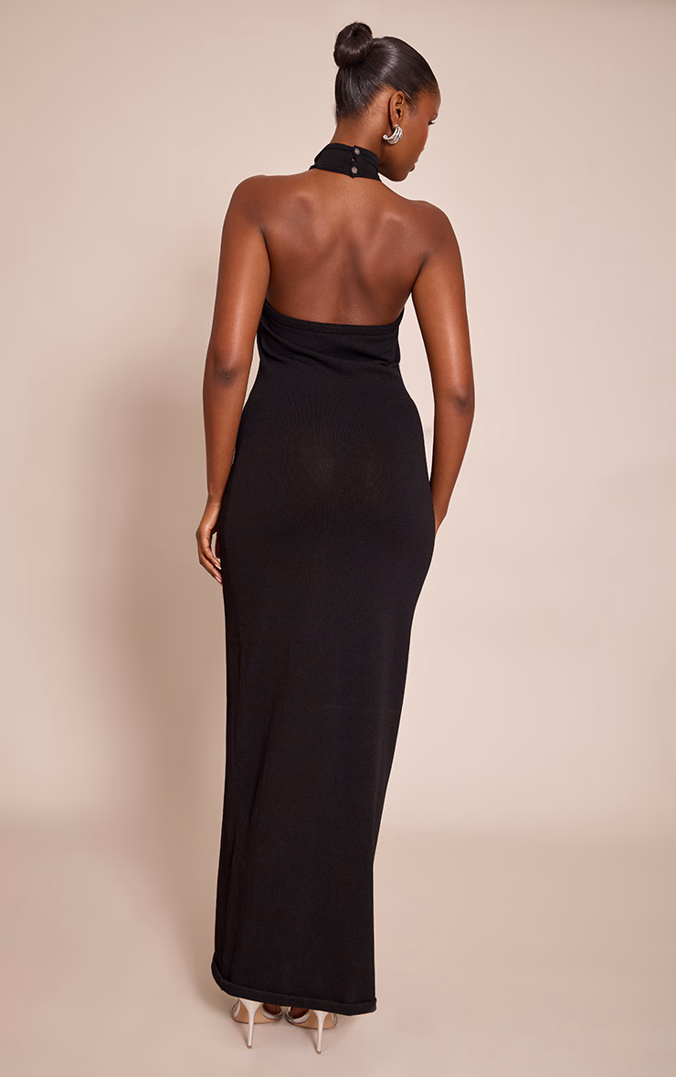 Black Trim Halter Neck Knitted Maxi Dress