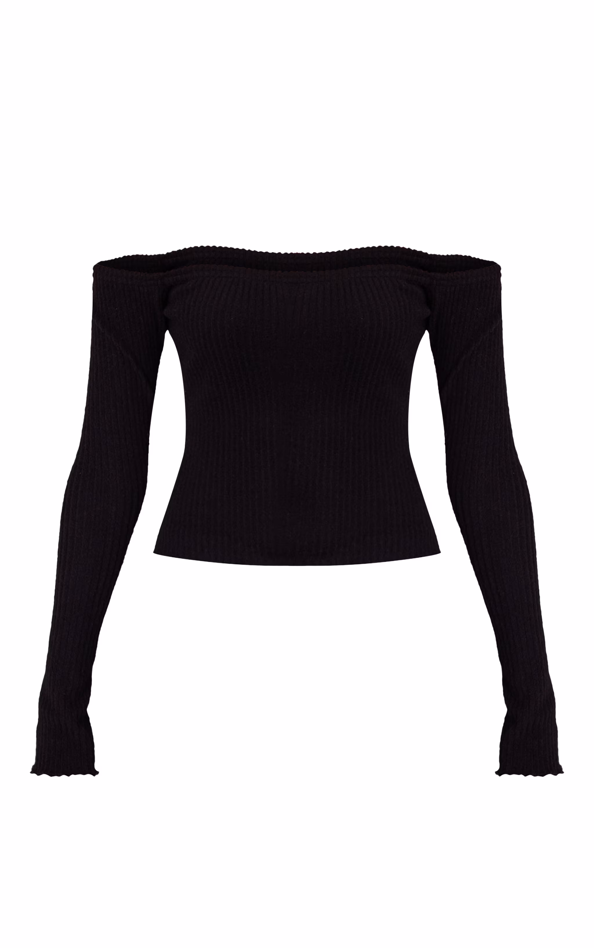 Black Brushed Rib Knit Bardot Long Sleeve Top