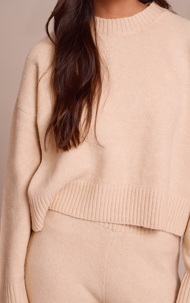 Beige Marl Knitted Cropped Crew Neck Sweater