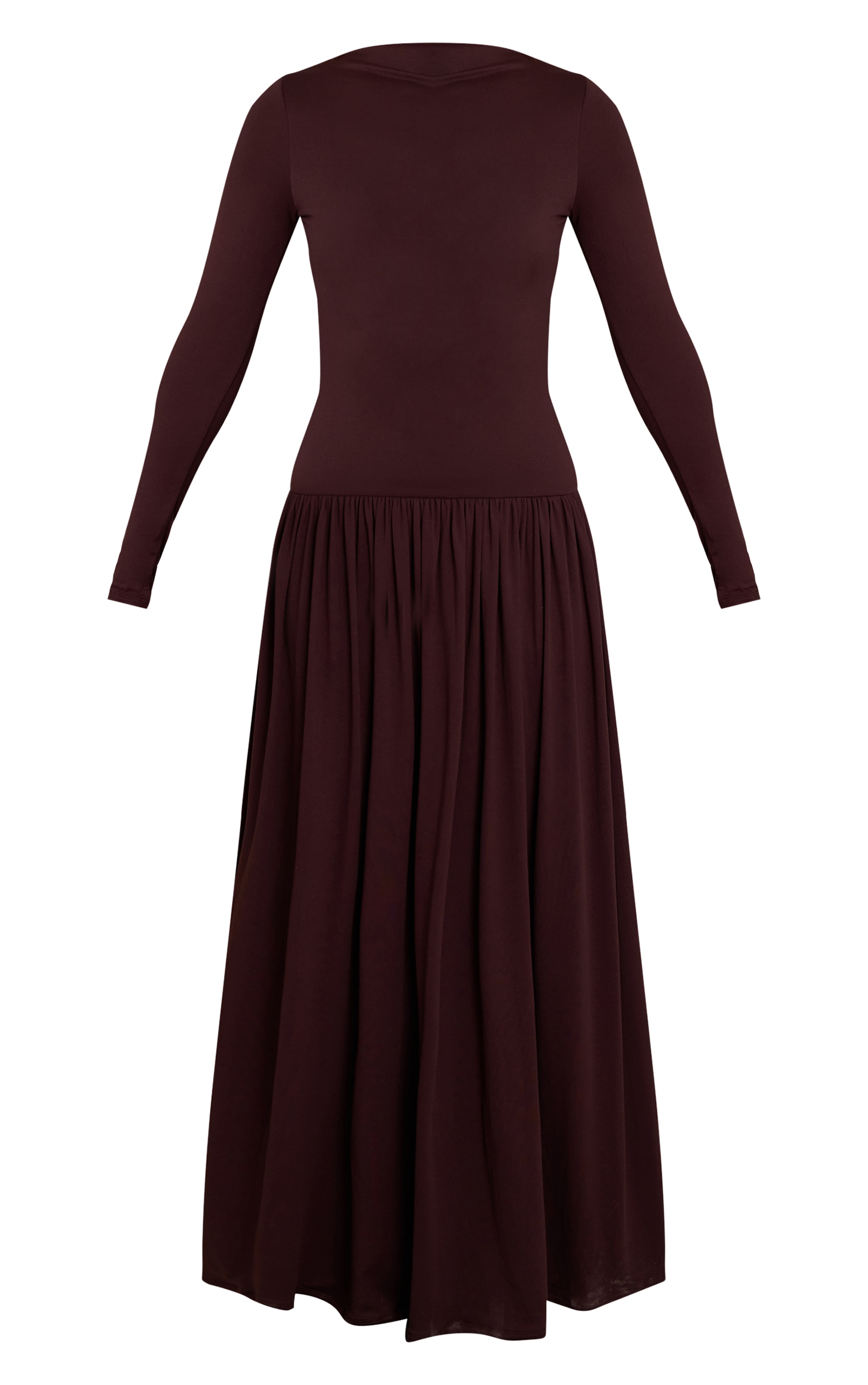 Chocolate Double Layer Jersey Dropped Waist Long Sleeve Maxi Dress