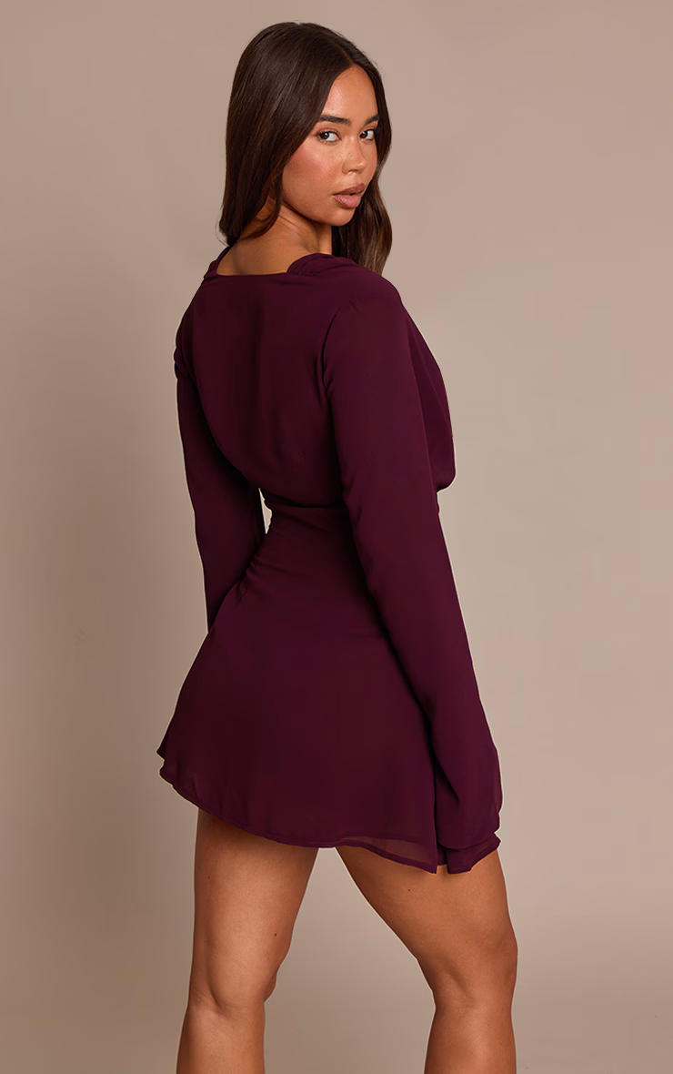 Purple Chiffon Cowl Neck Flute Sleeve Shift Dress