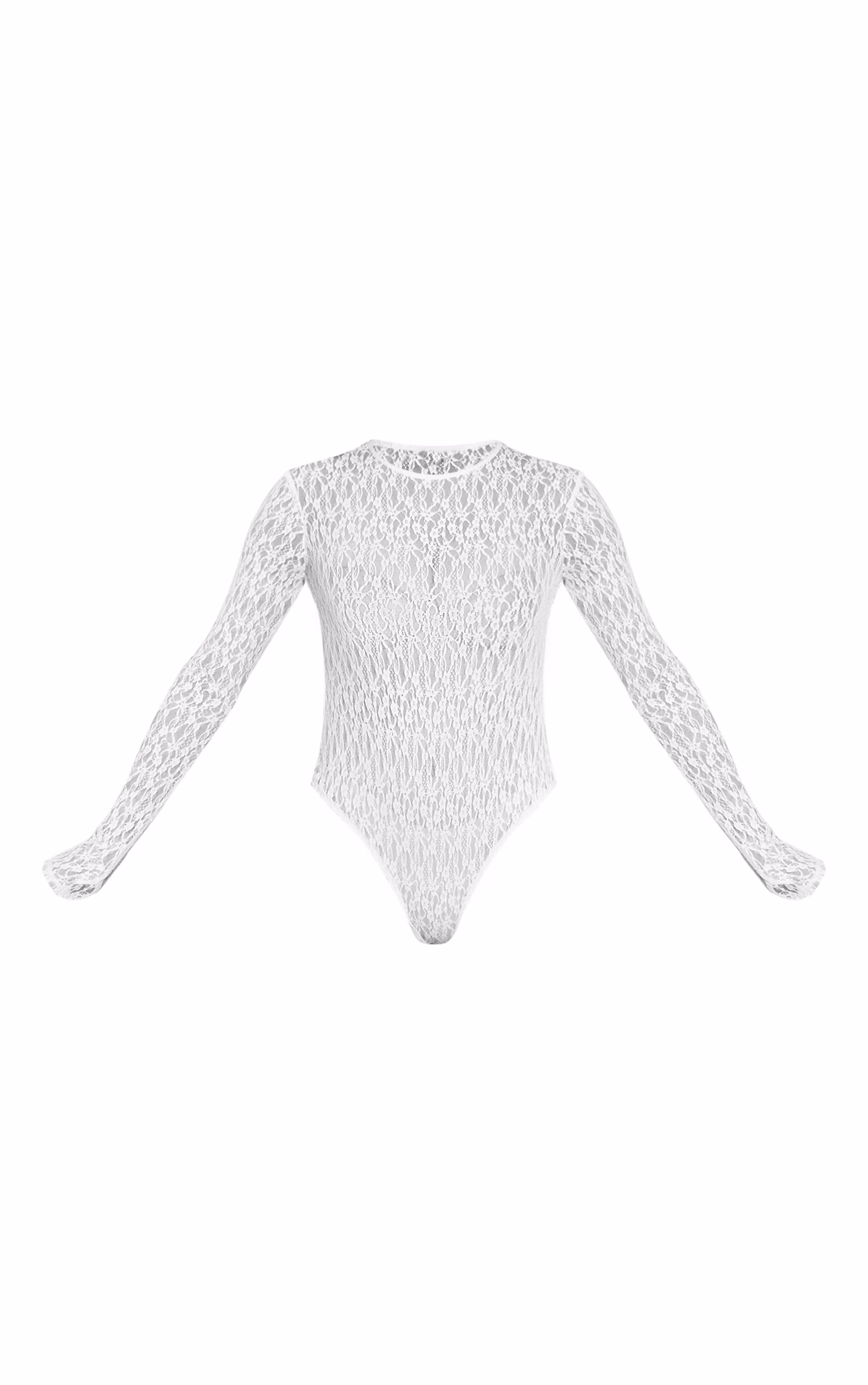 White Textured Sheer Lace Long Sleeve Bodysuit