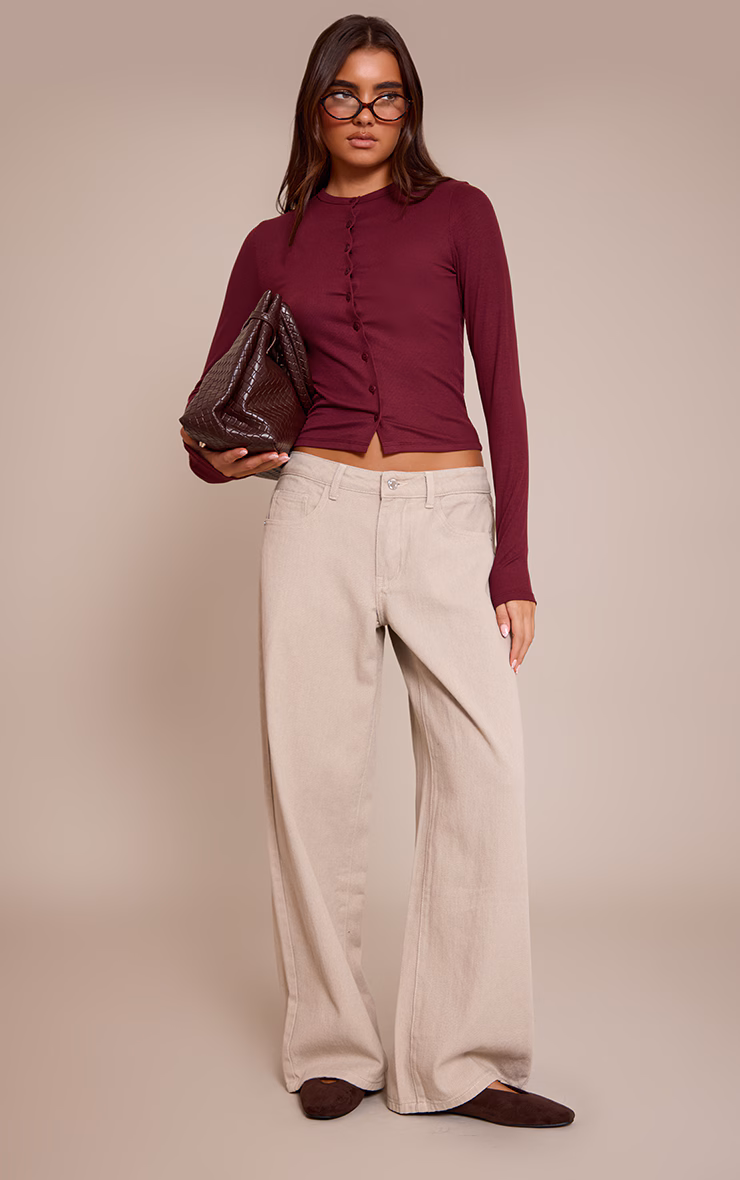 Wine Soft Rib Button Down Long Sleeve Top