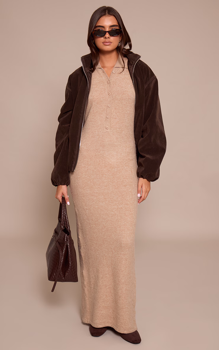 Oatmeal Soft Bobble Knit Button Up Collar Detail Maxi Dress