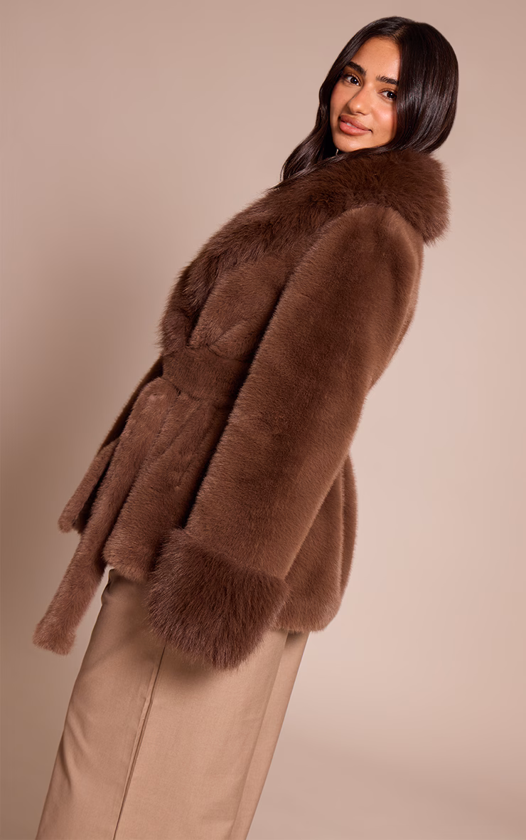 Petite Chocolate Plush Faux Fur Self Tie Coat