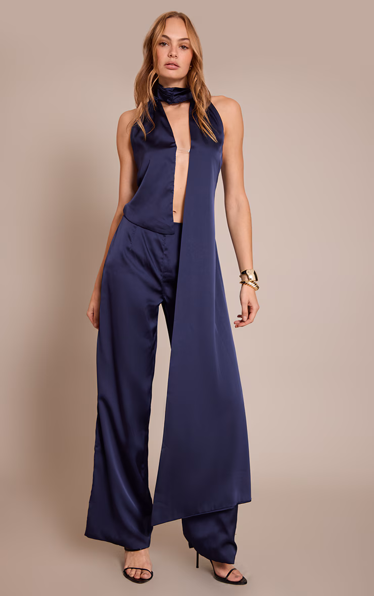 Navy Satin Drape Wide Leg Jumpsuit