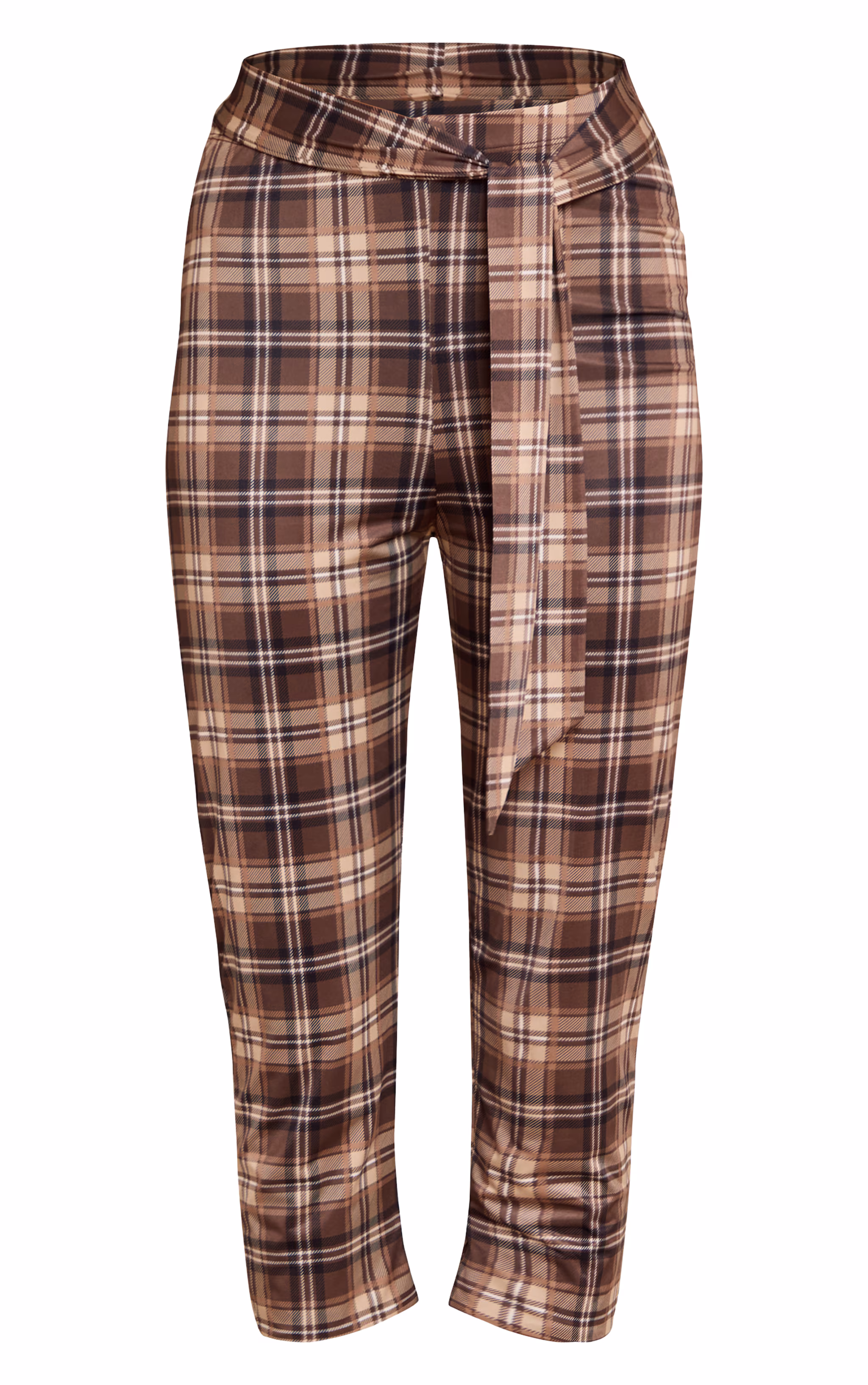 Brown Check Print Double Layer Wrap Waist Capri Leggings