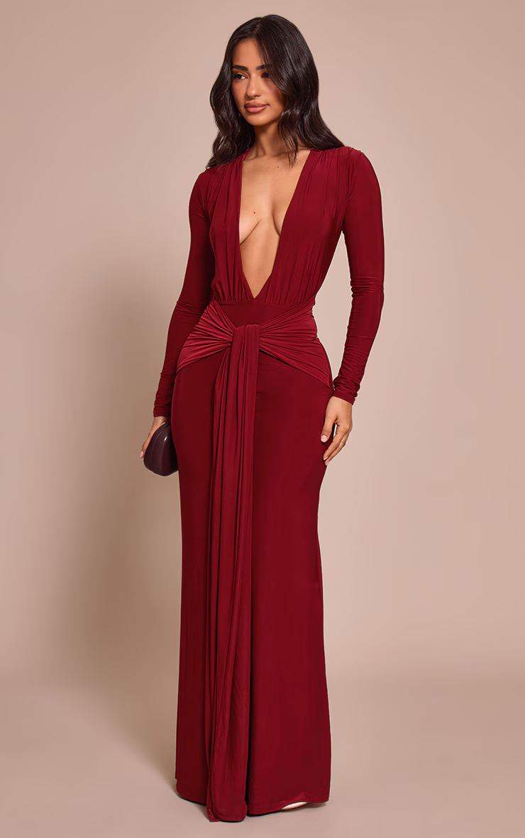 Petite Burgundy Double Layer Slinky Long Sleeve Ruched Tie Front Maxi Dress