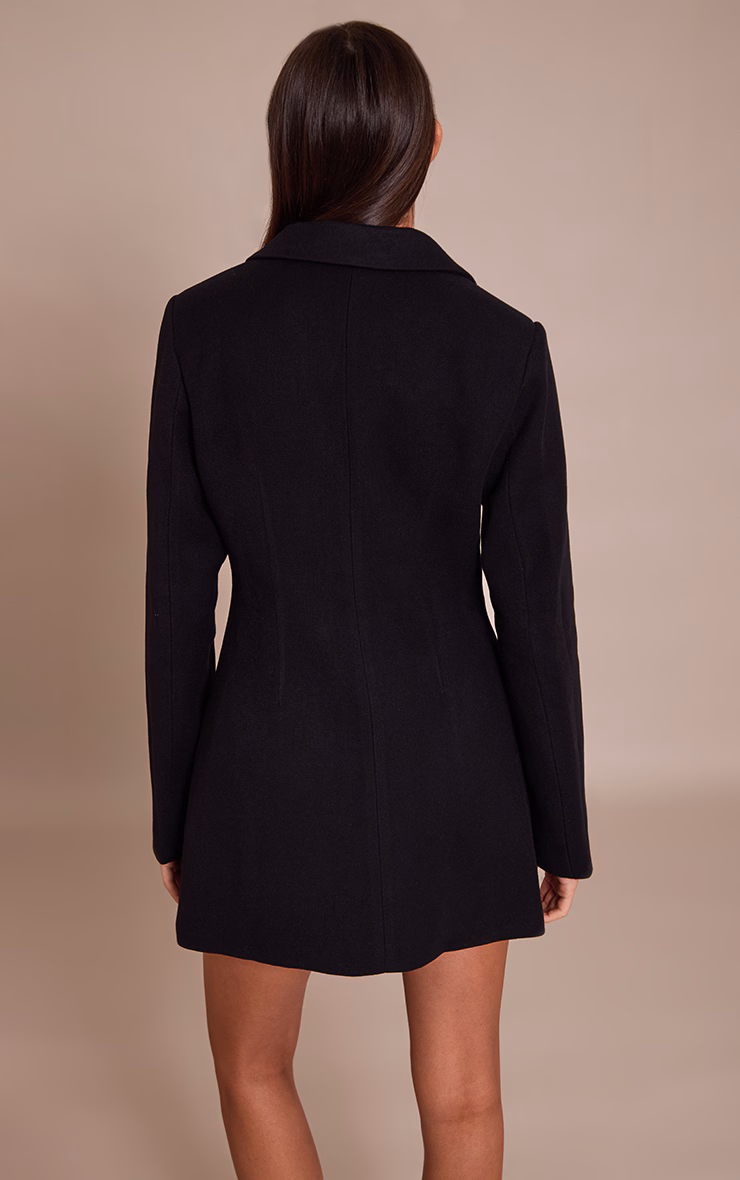 Black Wool Look Cinched Waist Blazer Dress