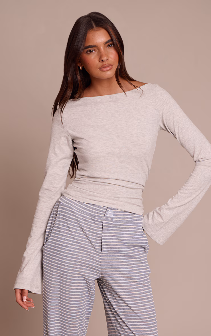 Grey Marl Soft Cotton Boat Neck Flared Long Sleeve Top