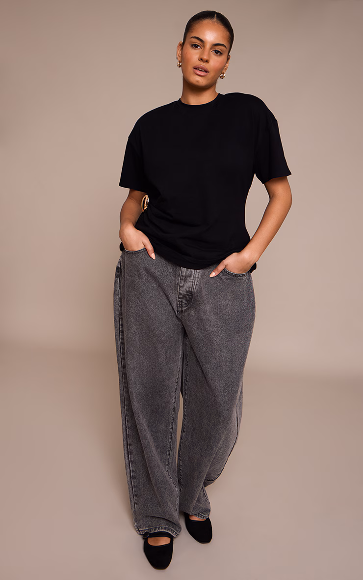 Plus Black Trim Detail Asymmetric Hem T Shirt