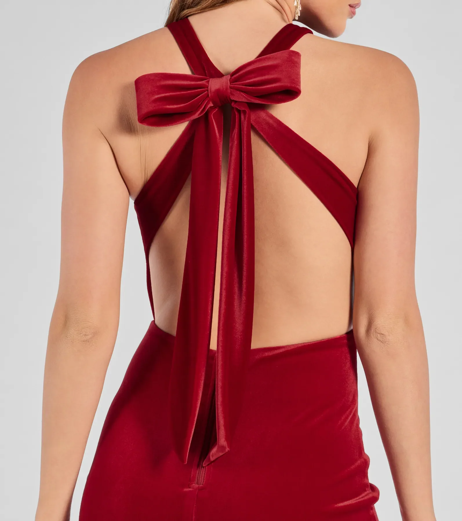 Cailin Velvet Open Back And Bow Mini Dress