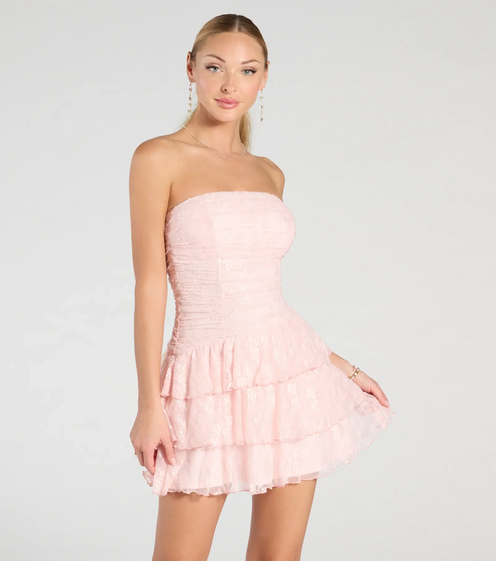 Lovely Nights Strapless Lace Ruffle Skater Dress