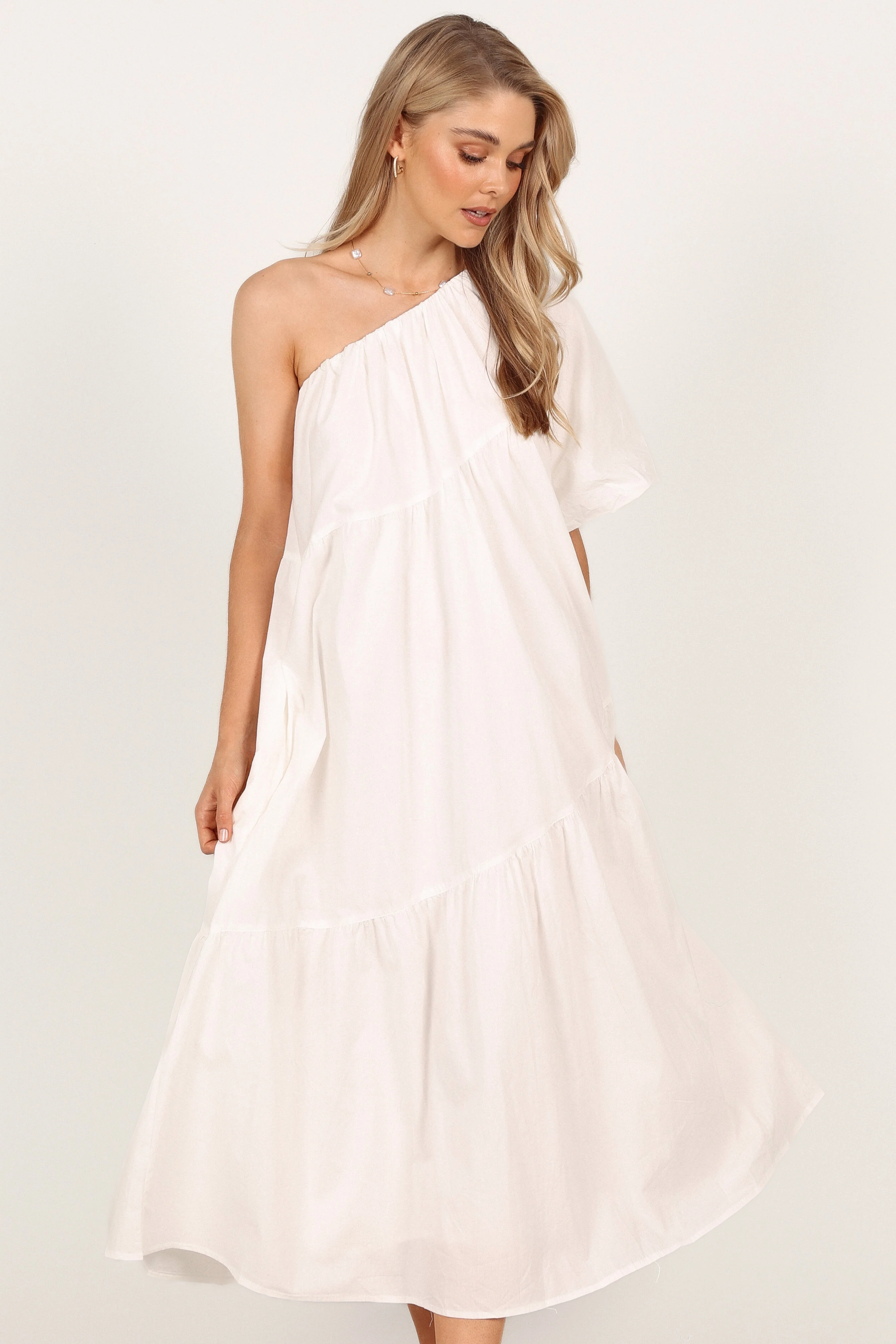 Stephanie One Shoulder Puff Sleeve Midi Dress - White