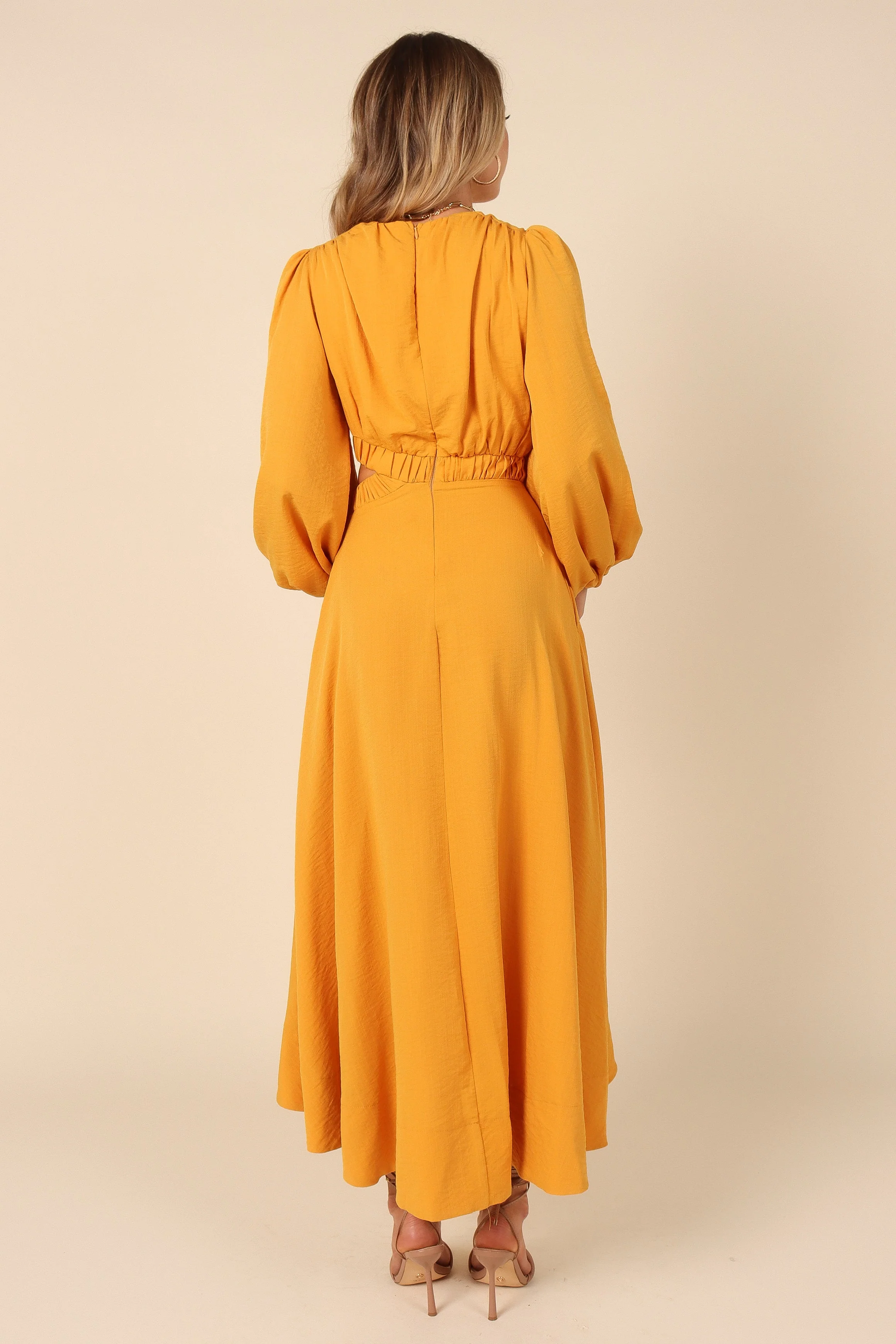 Ginnee Puff Sleeve Cutout Midi Dress - Mustard