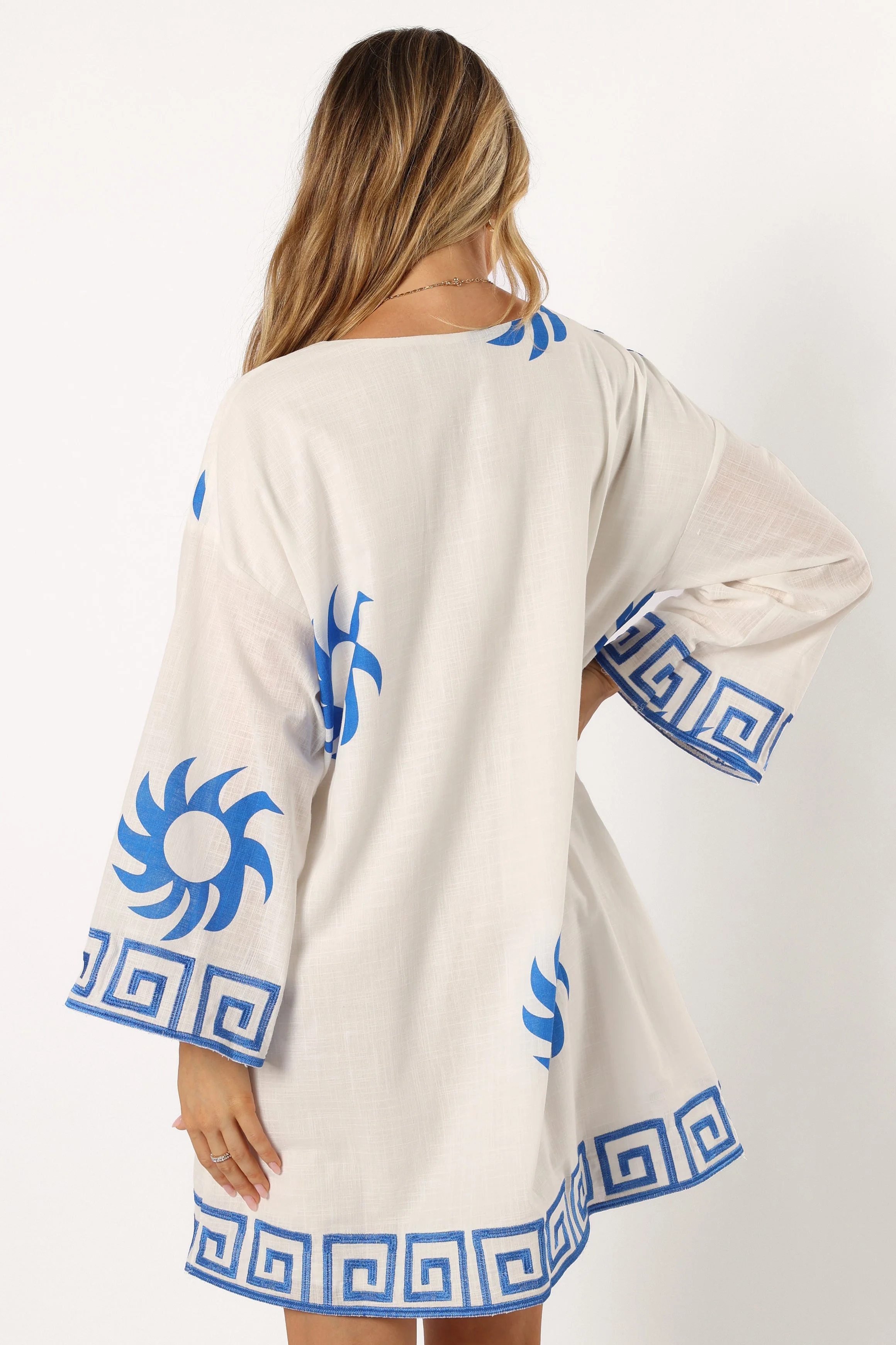 Bondi Long Sleeve Linen Mini Dress - White Blue