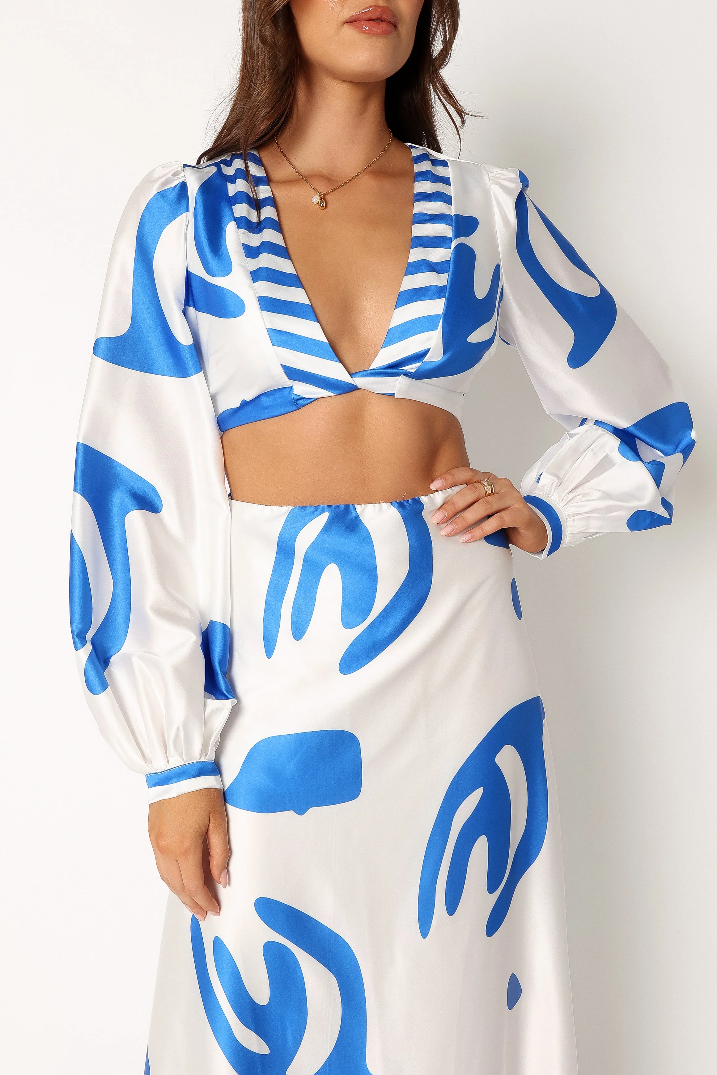 Triton Long Sleeve Midi Dress - White Blue