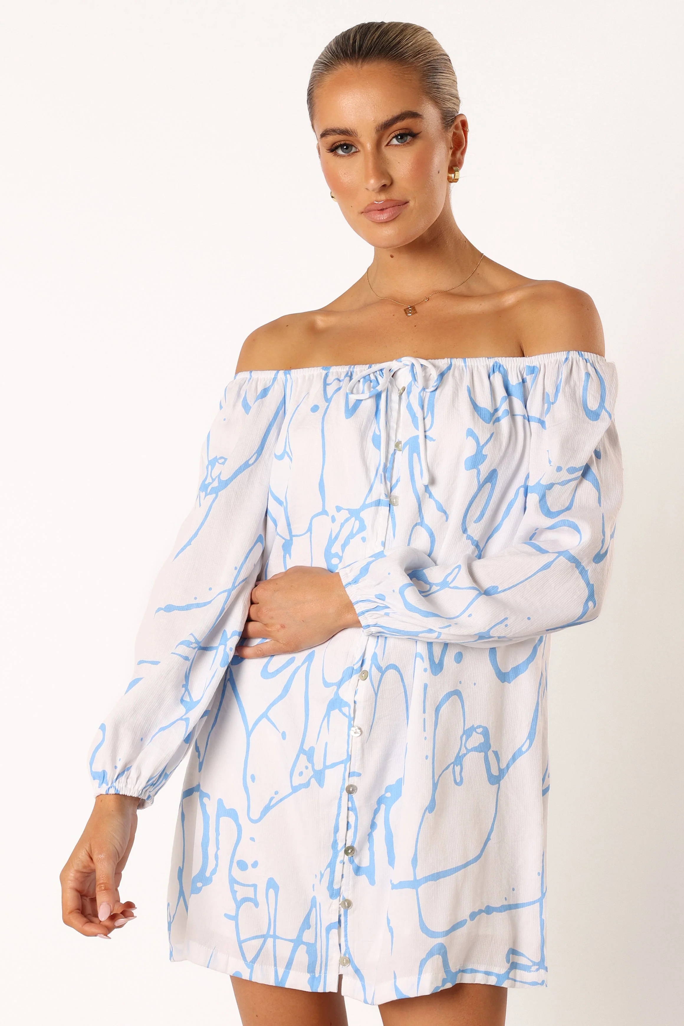 Beau Off Shoulder Mini Dress - Blue Print