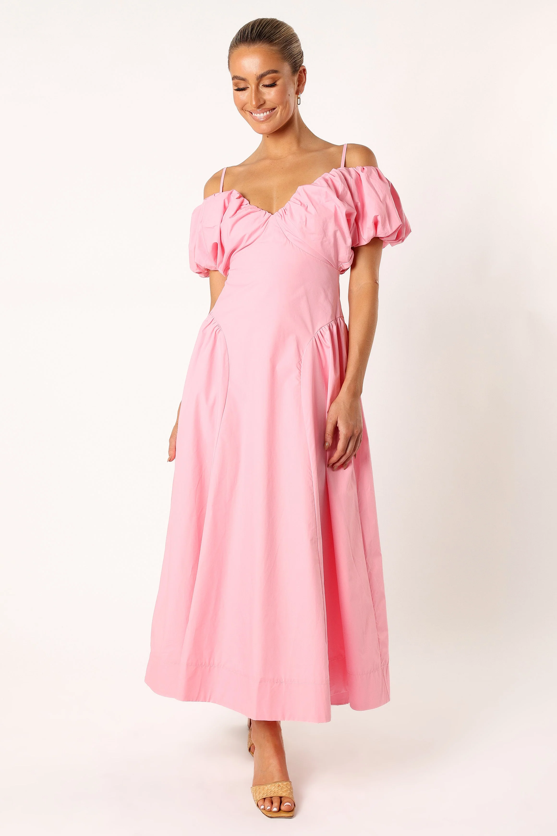 Liner Puff Sleeve Midi Dress - Pink
