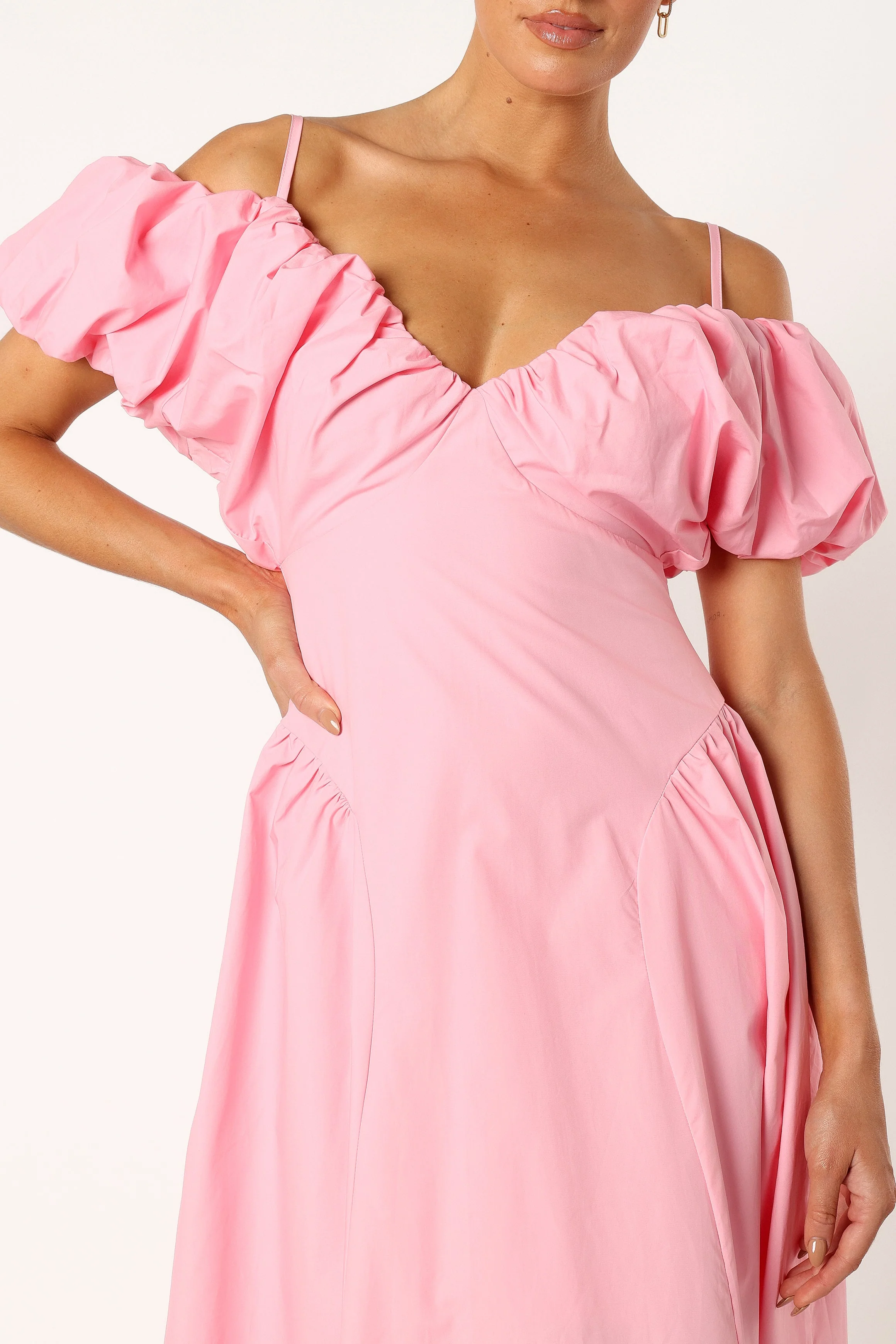 Liner Puff Sleeve Midi Dress - Pink