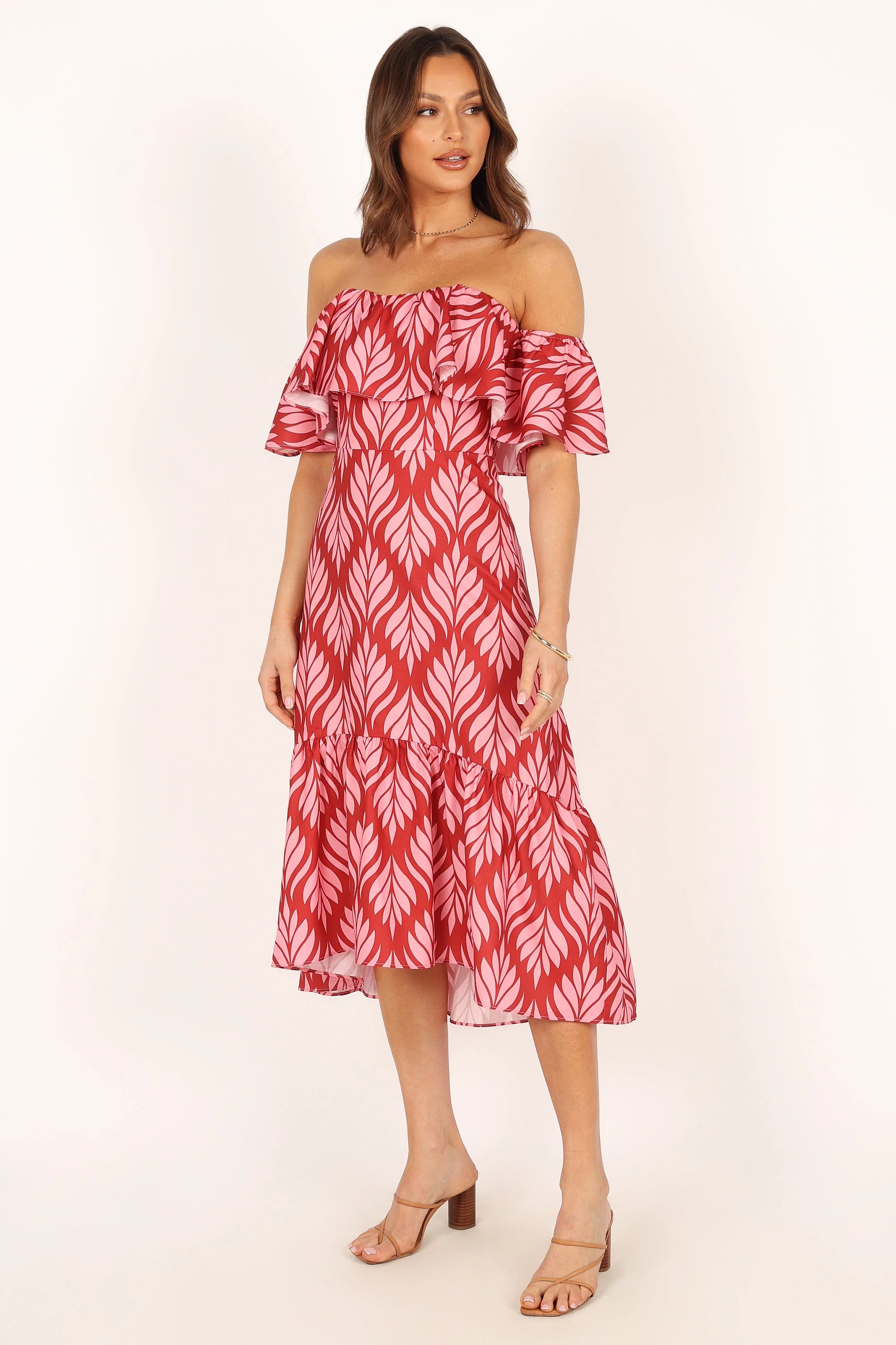 Neoma Strapless Midi Dress - Red Palm Print