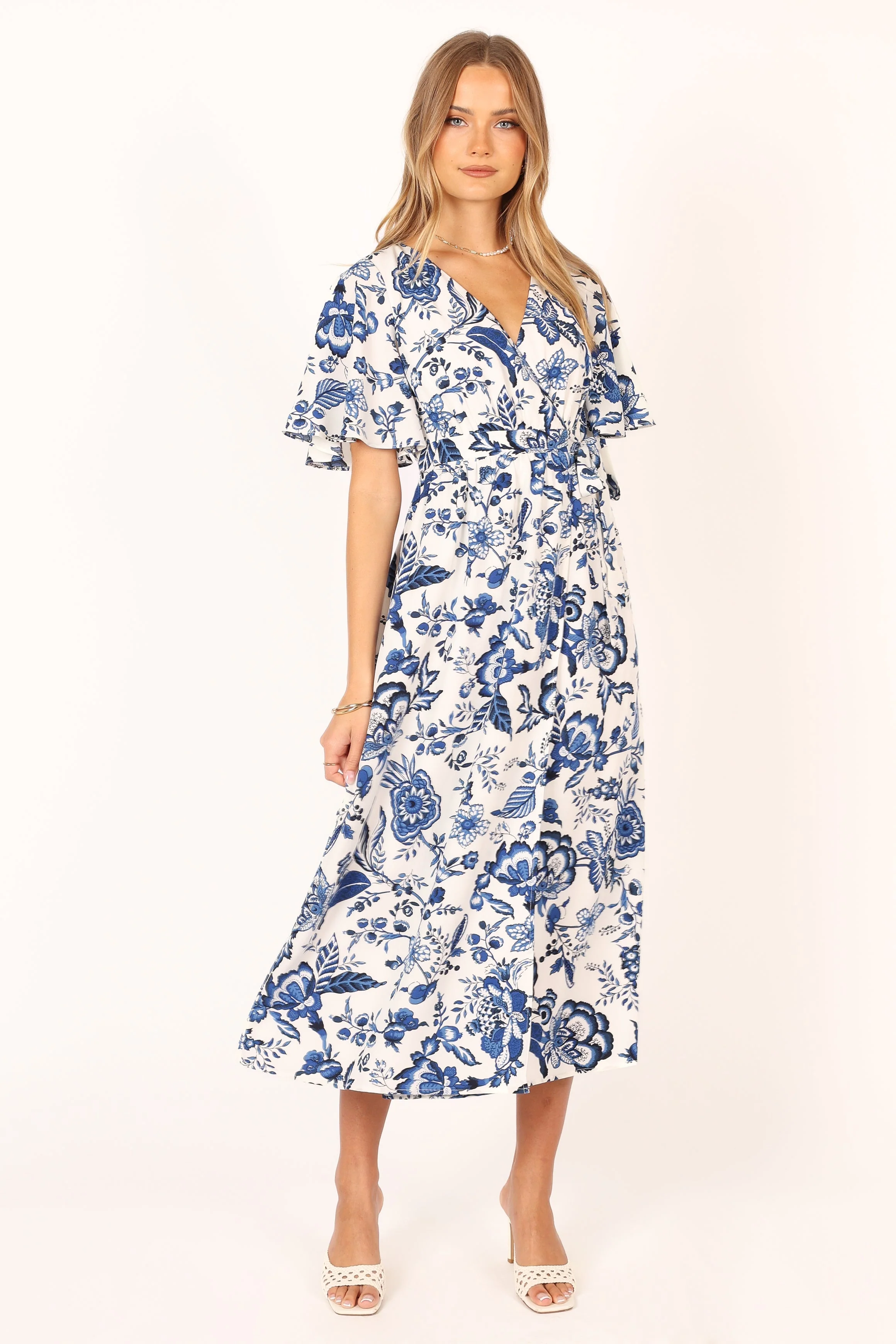 Kaleen Midi Wrap Dress - White Blue