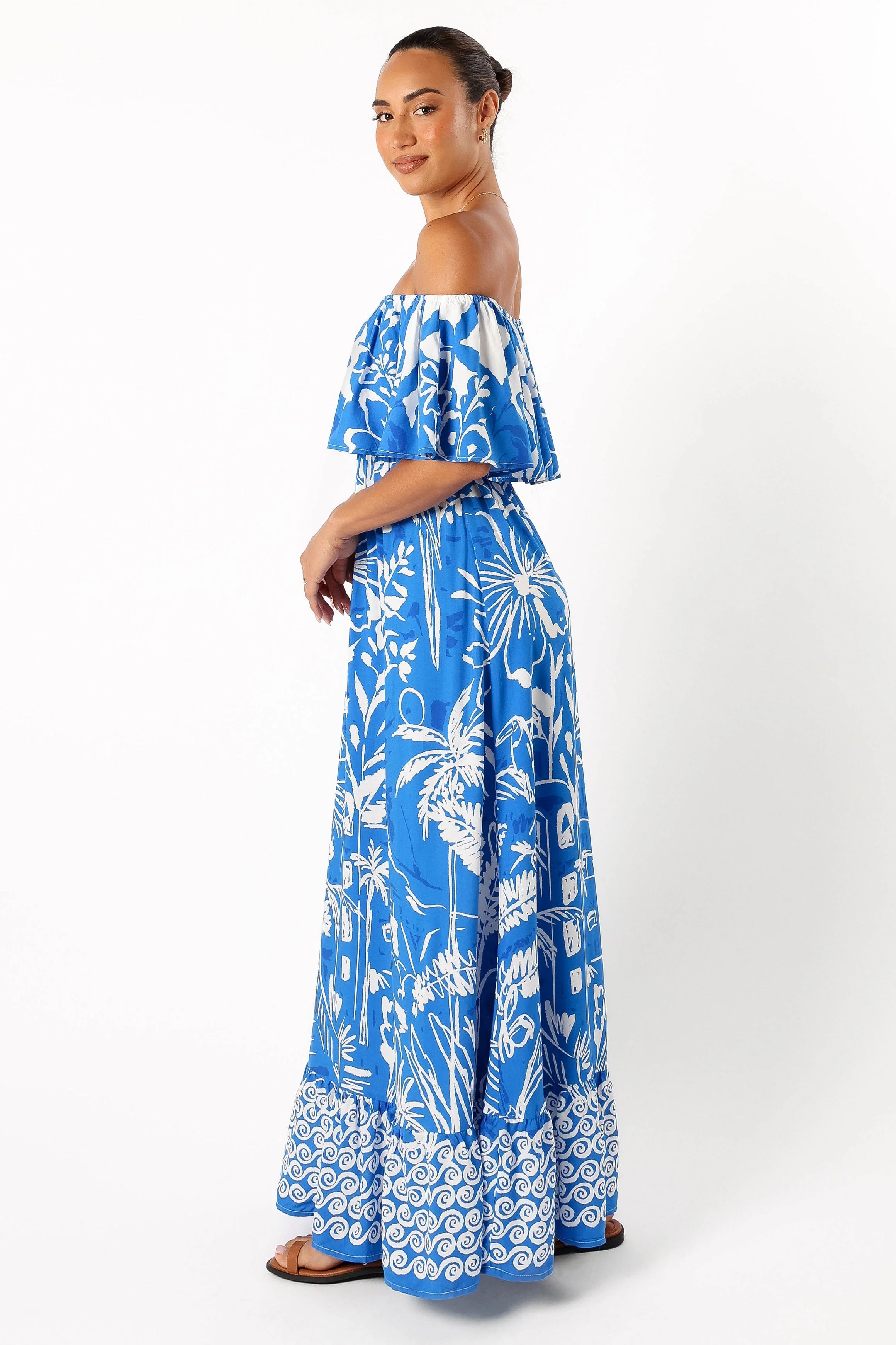 Pyros Off Shoulder Midi Dress - Harper Print