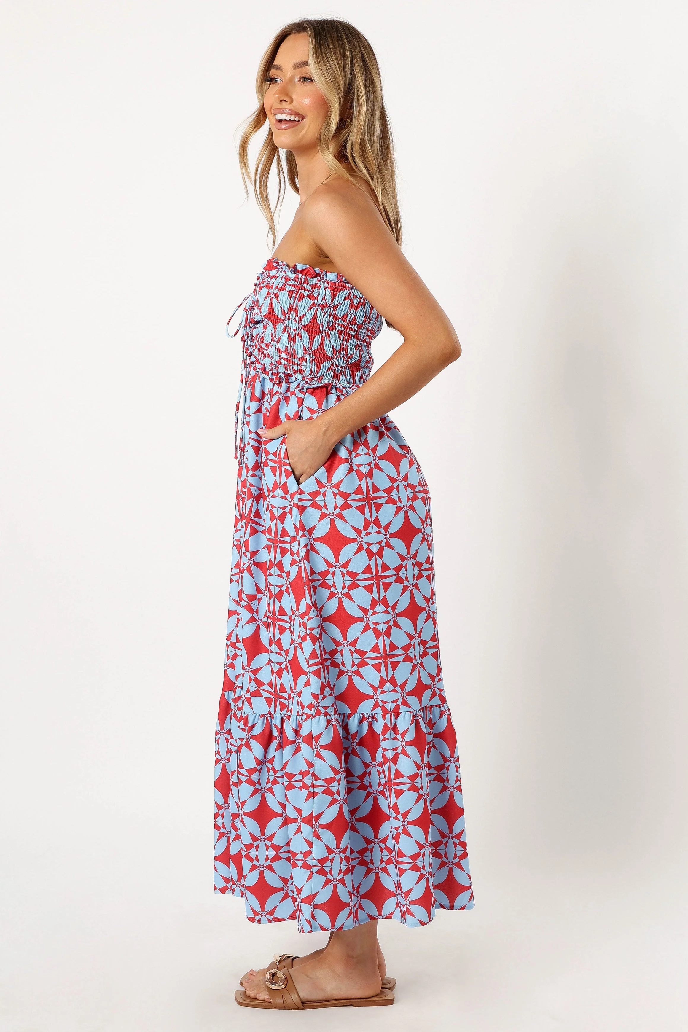 Dayton Strapless Midi Dress - Red Blue