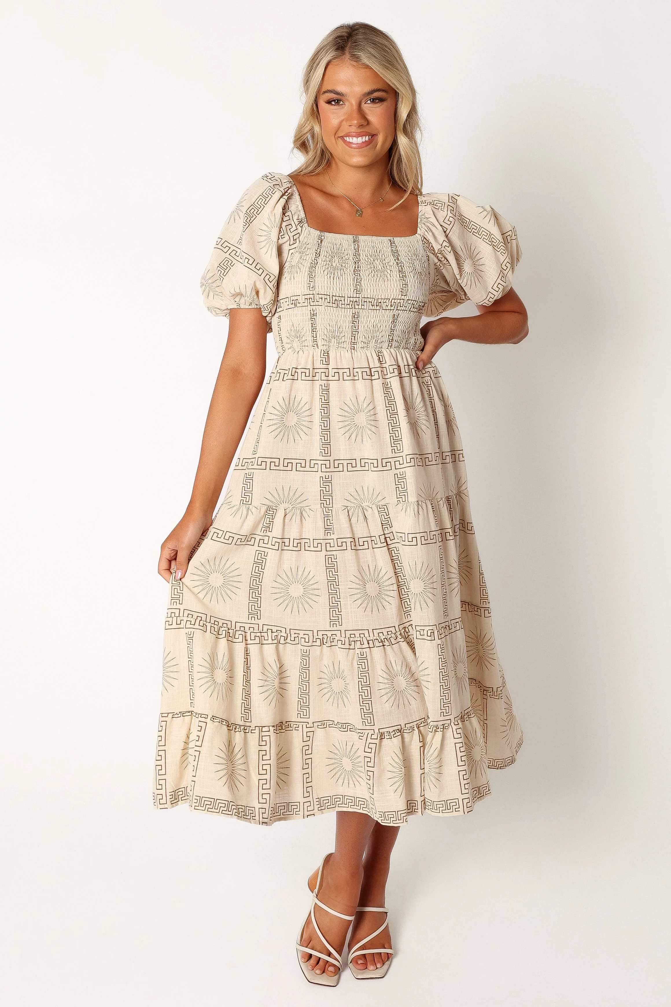 Soliel Puff Sleeve Midi Dress - White Tan