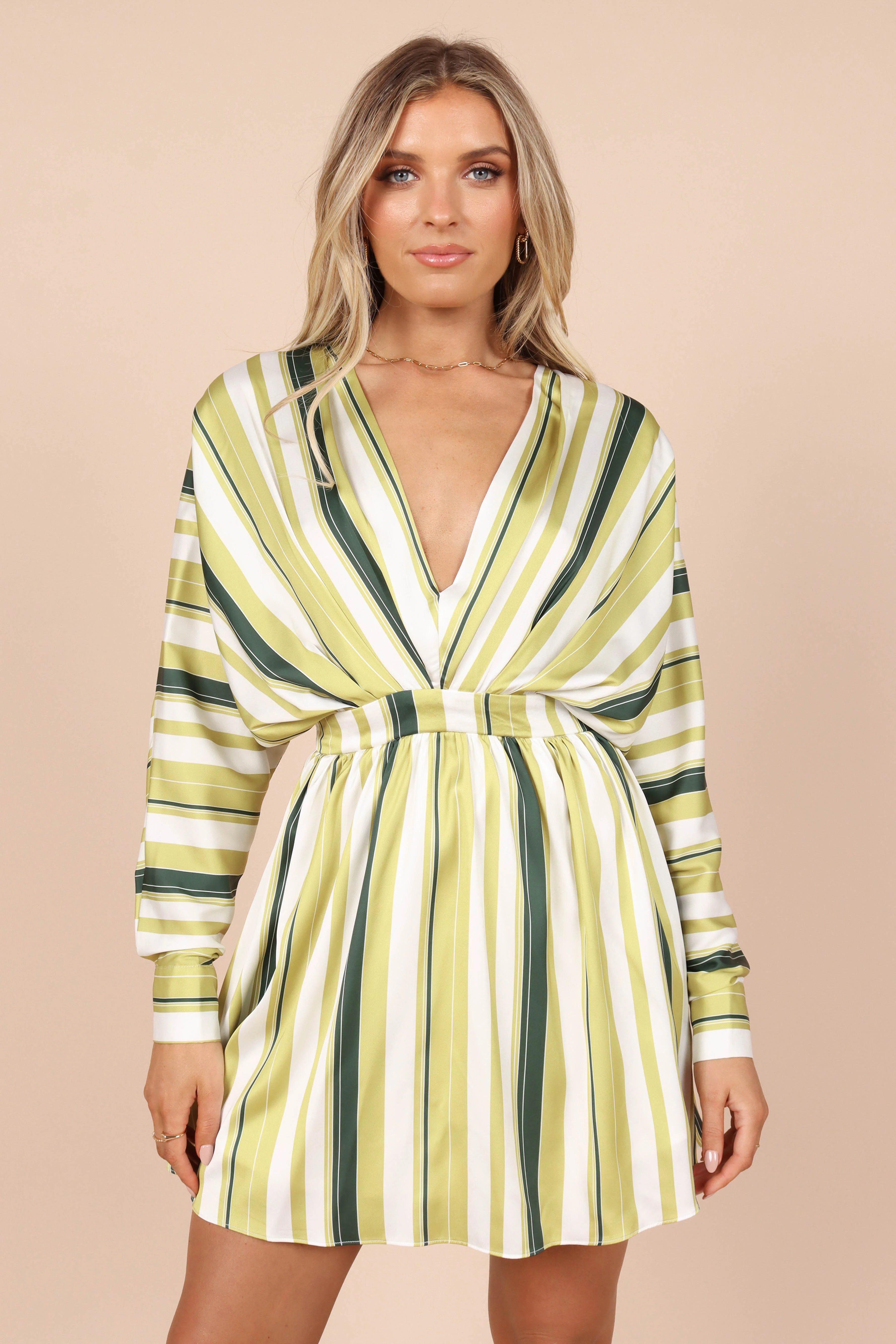 Veronica Long Sleeve Mini Dress - Green Stripe