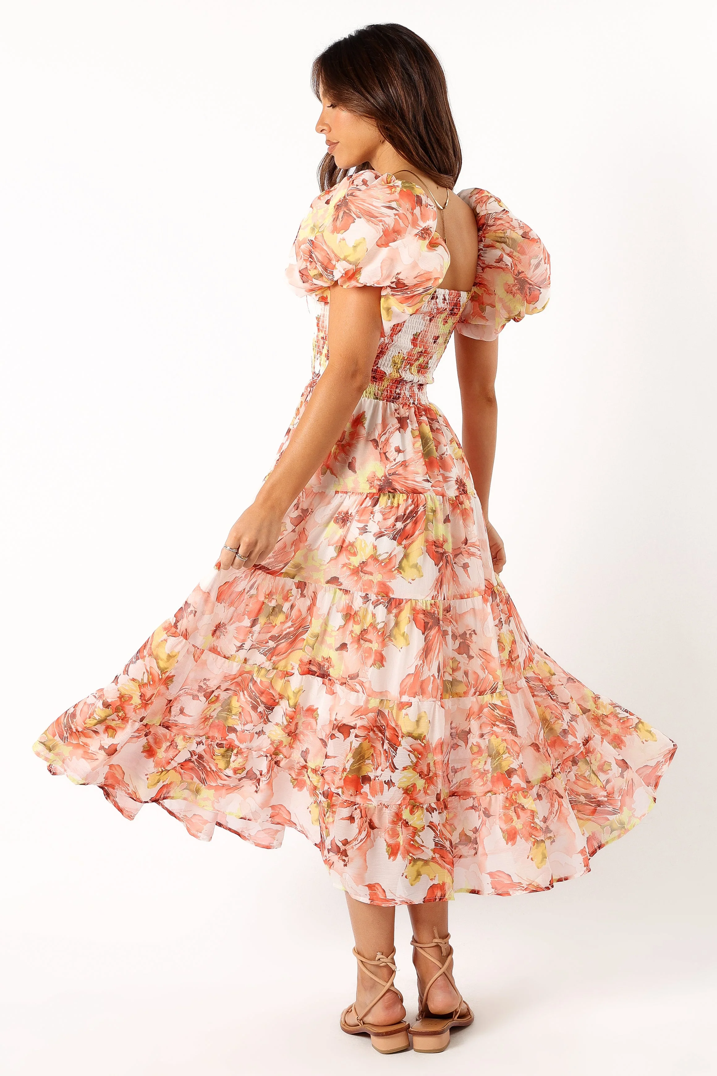 Jolie Puff Sleeve Midi Dress - Coral