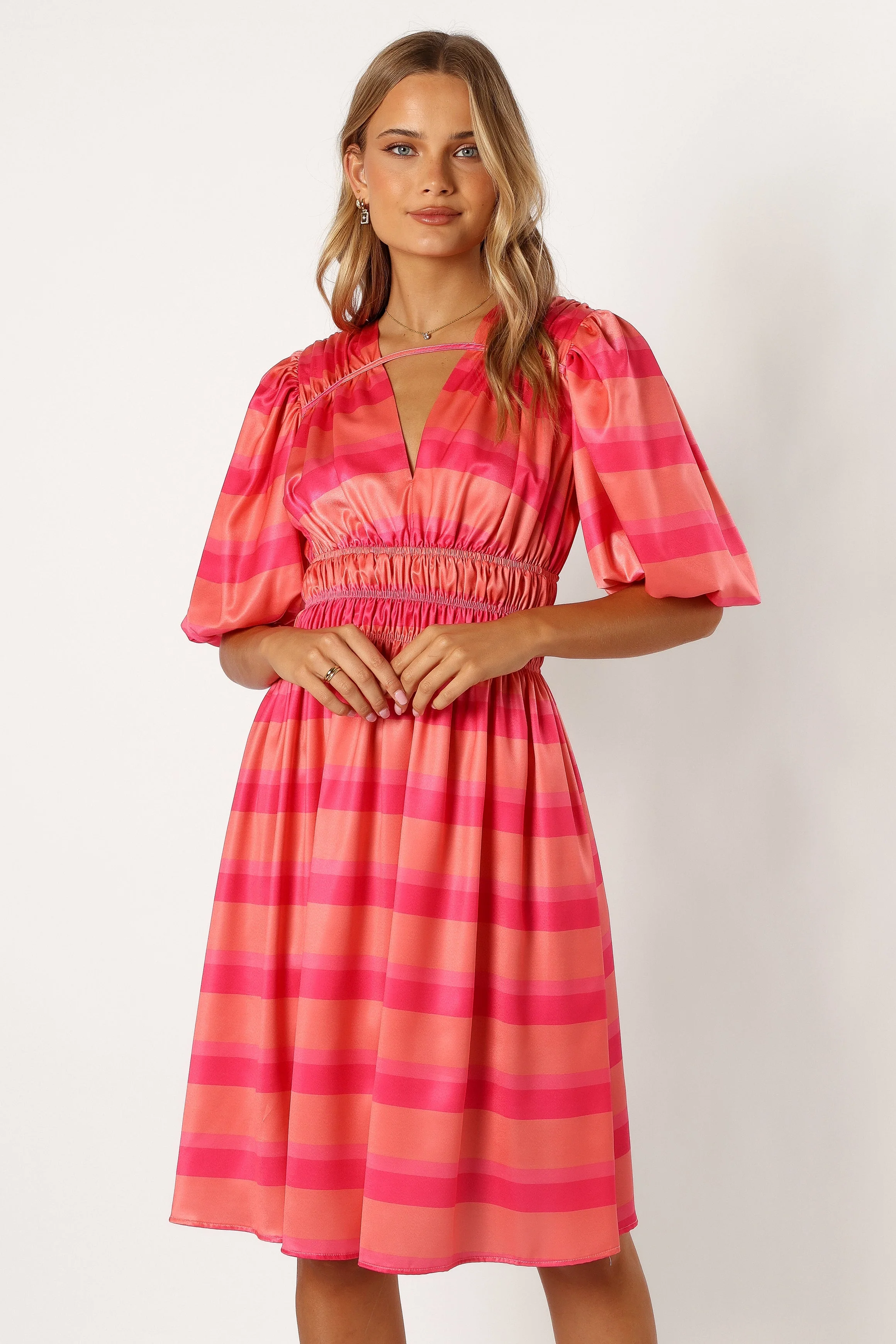 Lennon Puff Sleeve Midi Dress - Pink Orange