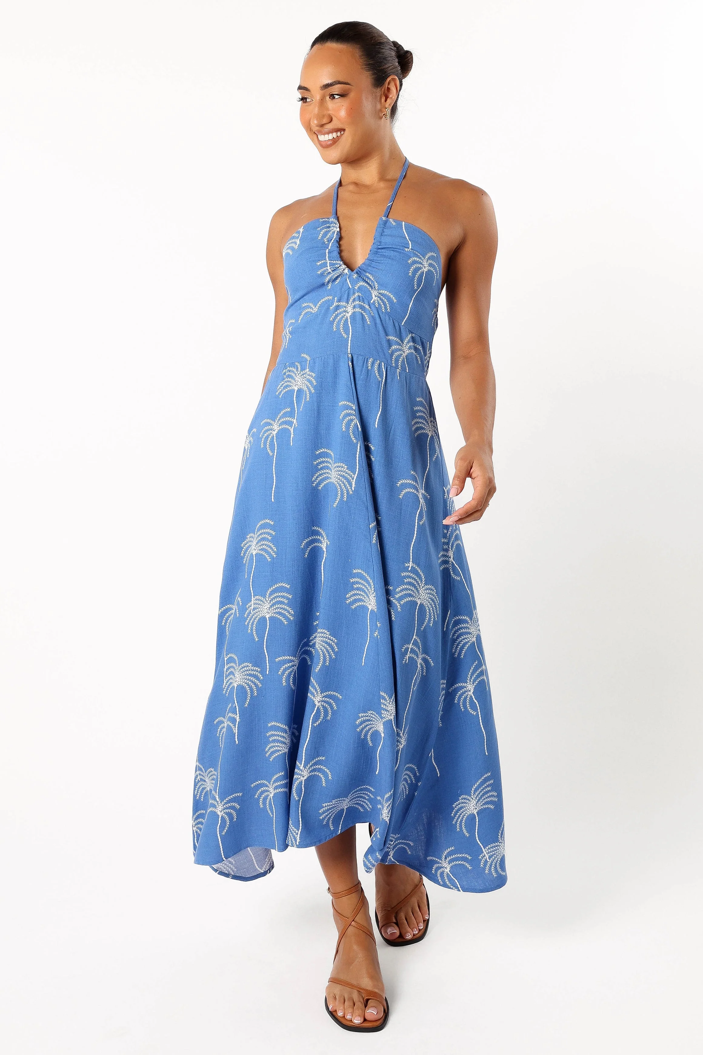 Granger Halterneck Midi Dress - Blue Palm Print