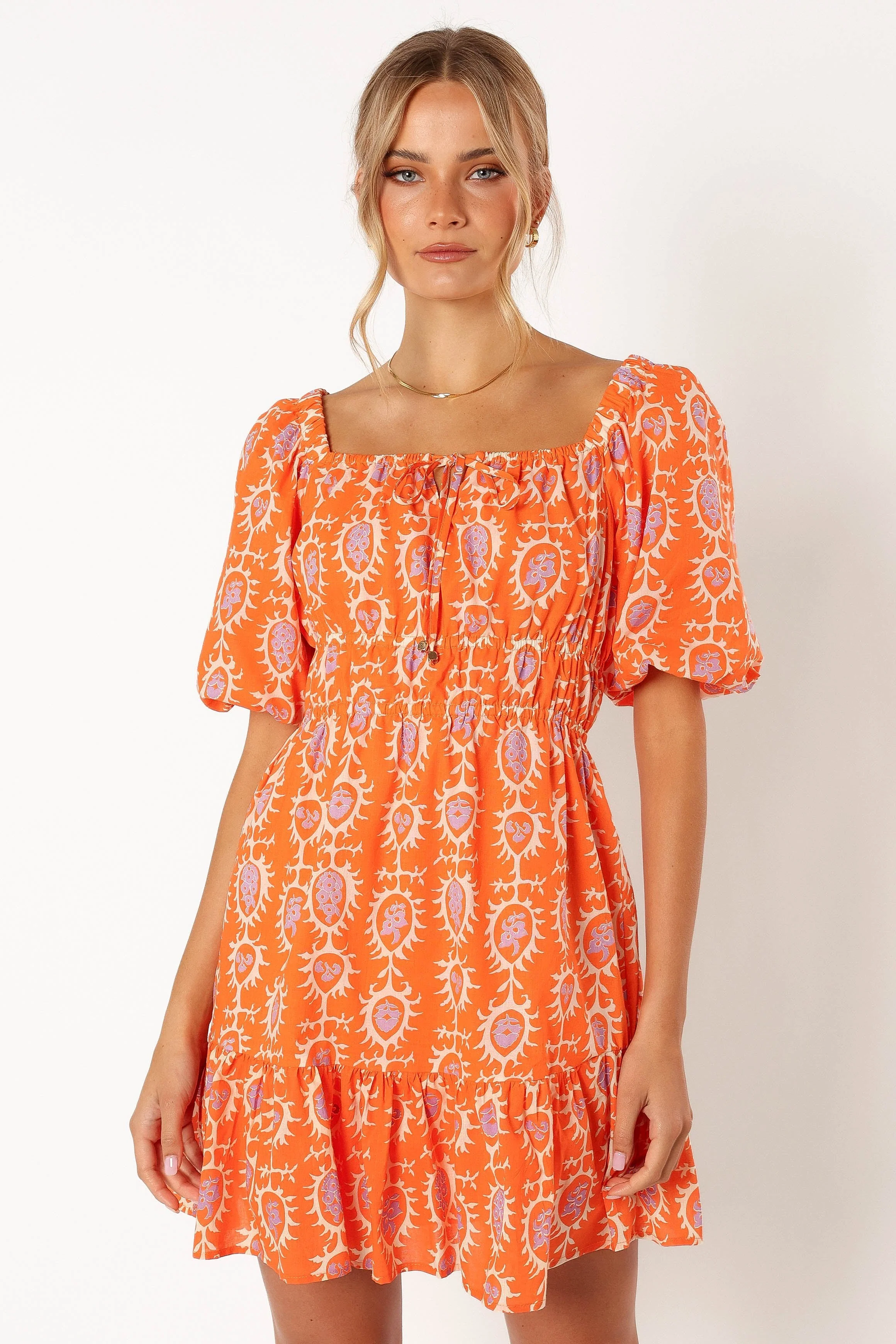 Carmen Off Shoulder Mini Dress - Orange Print