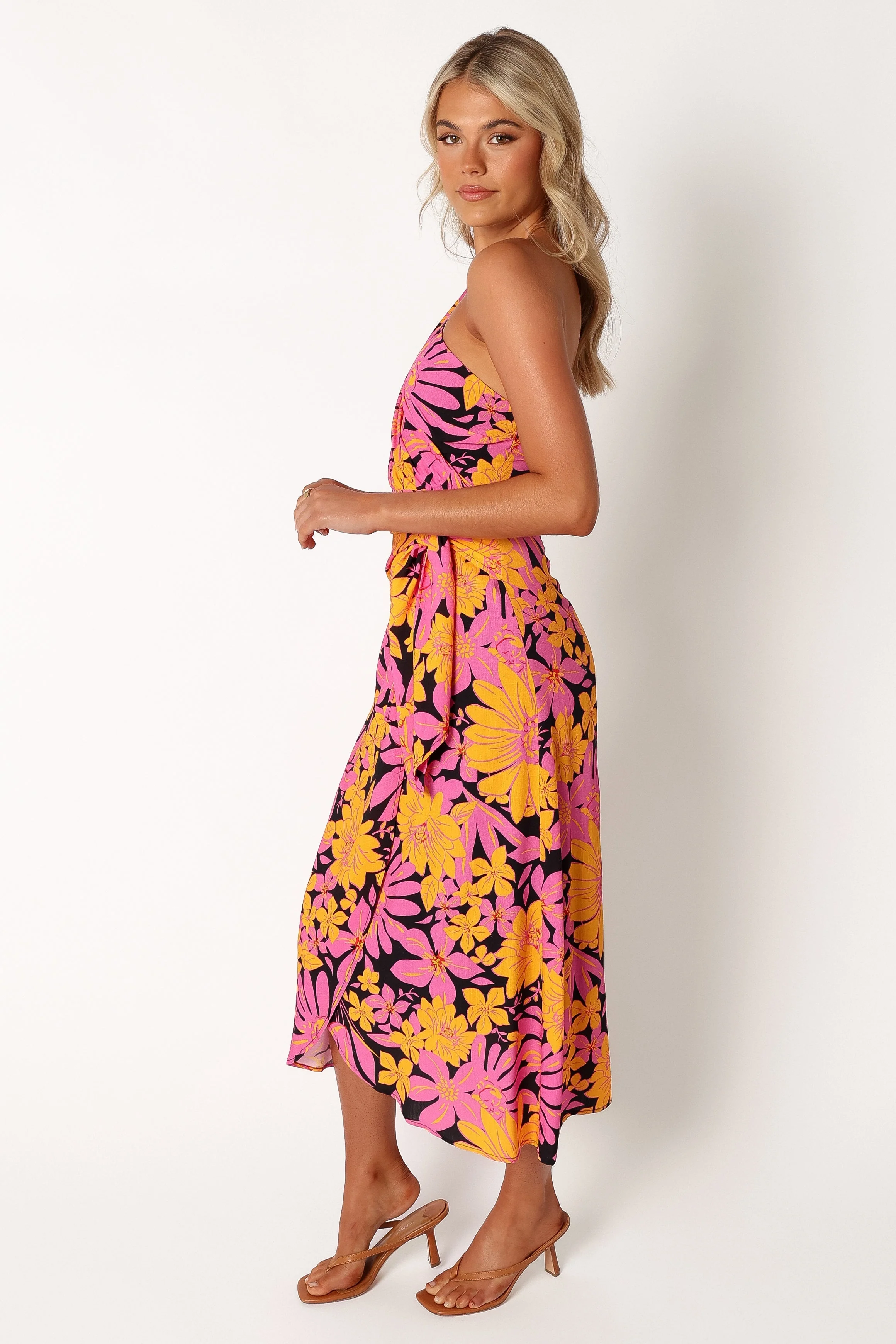 Clara One Shoulder Midi Dress - Black Floral